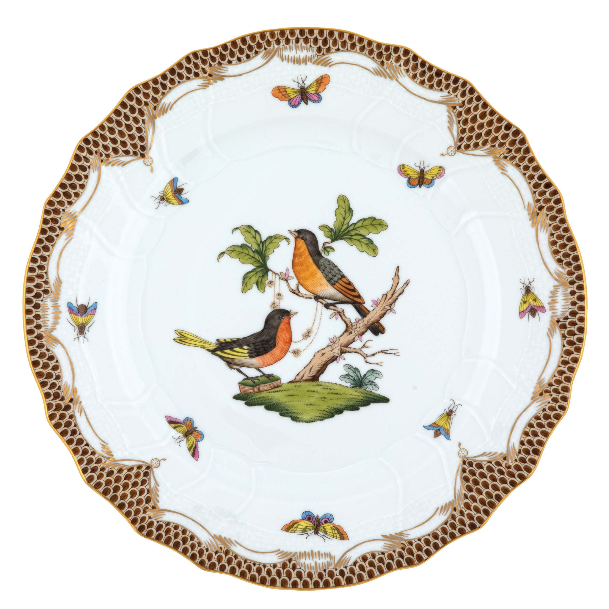 Hand-painted Herend Rothschild Bird Brown Border Dinner Plate, Motif 8, in fine porcelain, 10.5in D, on a white background