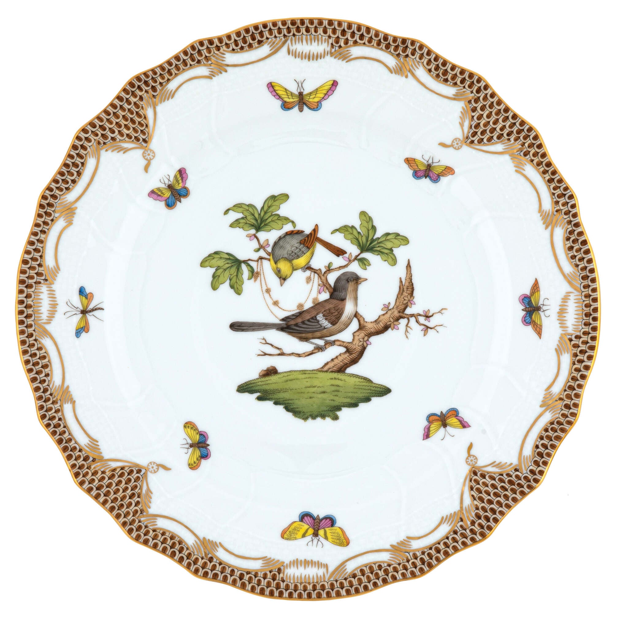 Hand-painted Herend Rothschild Bird Brown Border Dinner Plate in fine porcelain, 10.5in D,, Motif 1, on a white background