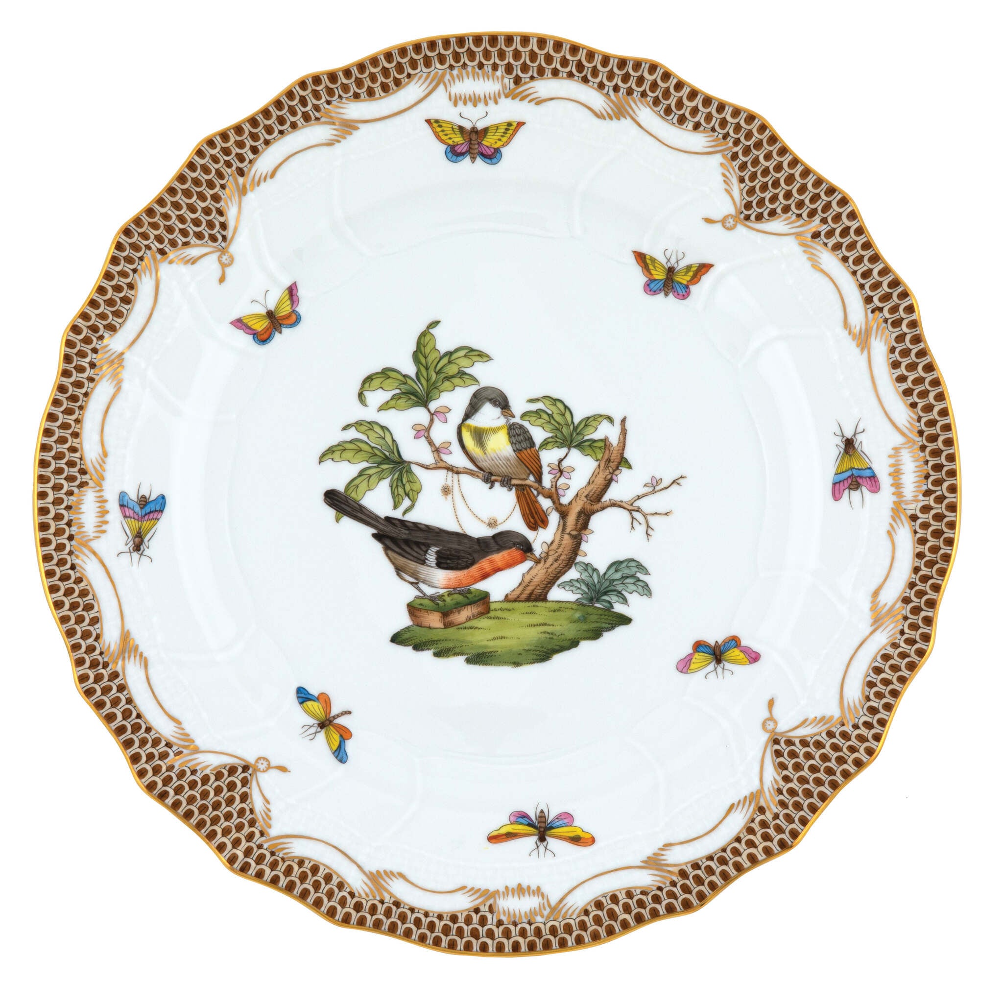 Hand-painted Herend Rothschild Bird Brown Border Dinner Plate in fine porcelain, 10.5in D,, Motif 2, on a white background