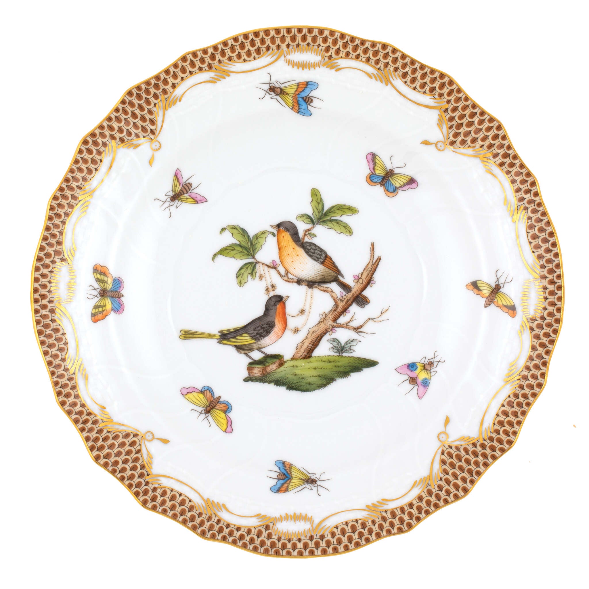 Hand-painted Herend Rothschild Bird Brown Border Salad Plate in fine porcelain, 7.5in D,, Motif 6, on a white background
