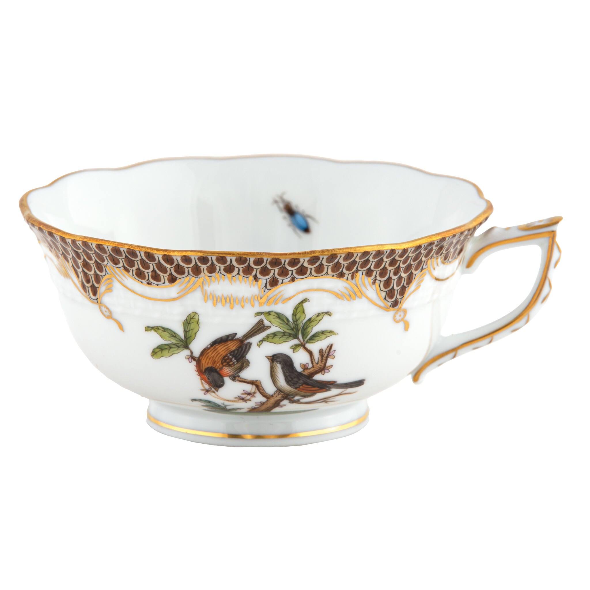 Hand-painted Herend Rothschild Bird Brown Border Tea Cup Cup & Saucer Set in fine porcelain, on a white background
