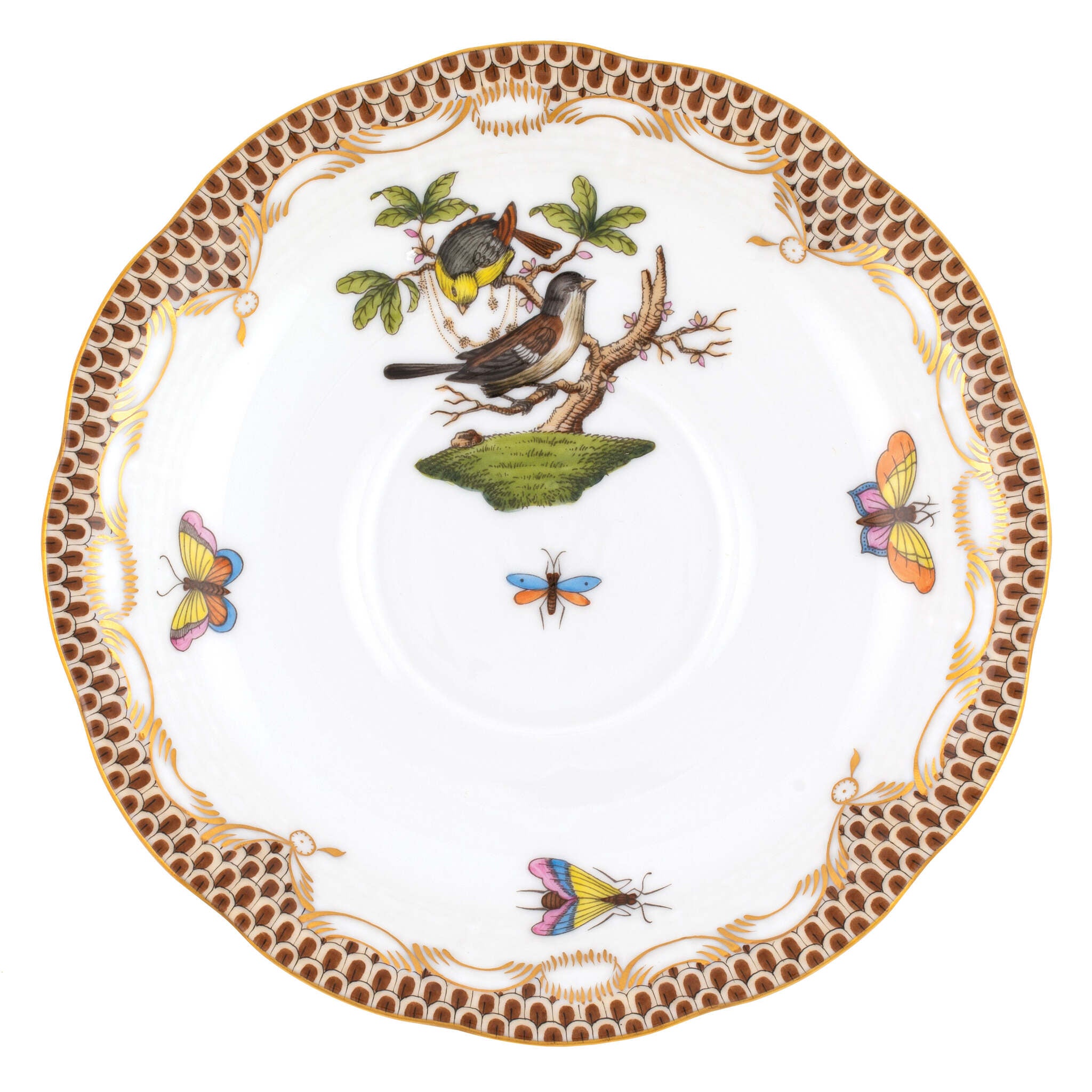 Hand-painted Herend Rothschild Bird Brown Border Tea Saucer Cup & Saucer Set in fine porcelain, 6in D,, Motif 1, on a white background