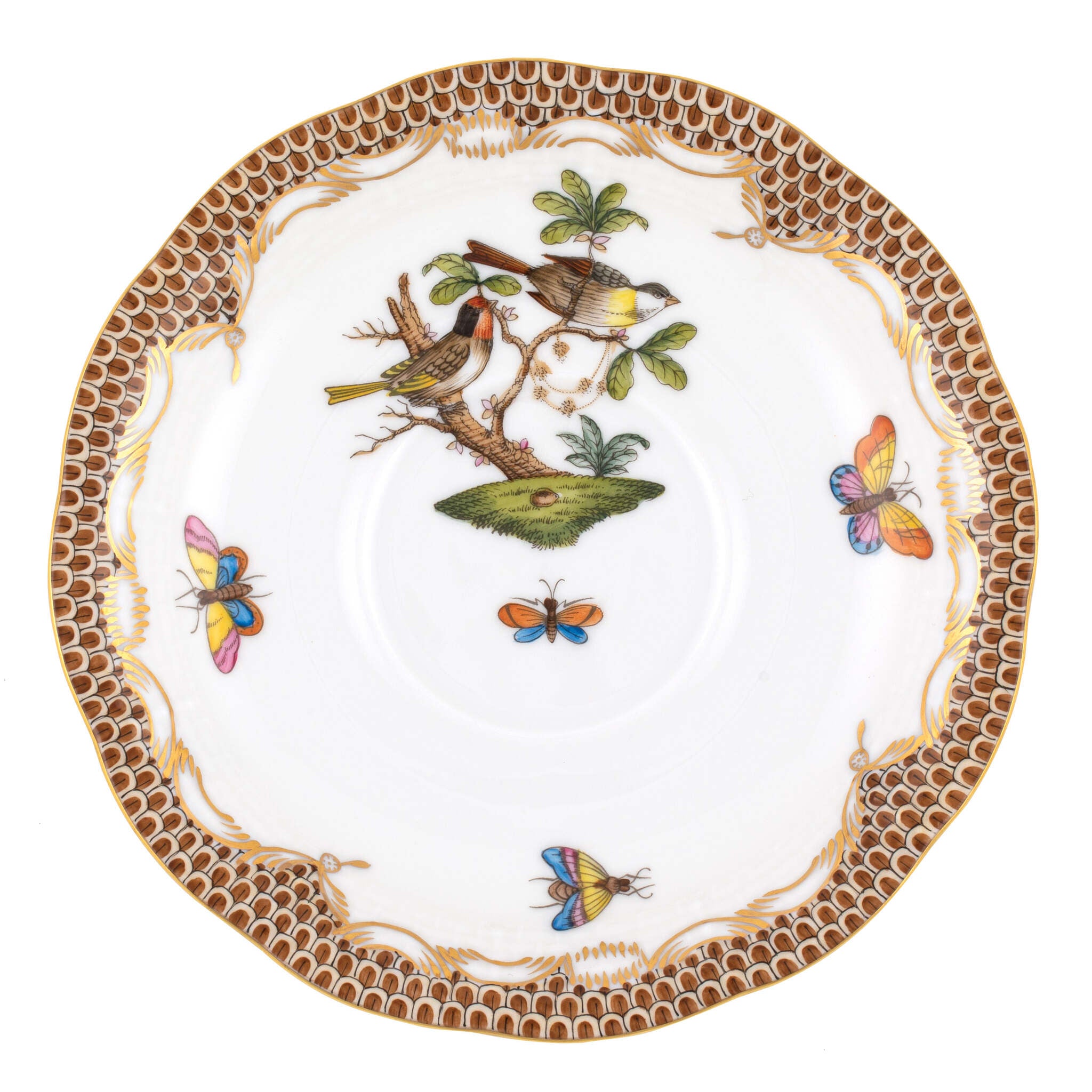 Hand-painted Herend Rothschild Bird Brown Border Tea Saucer Cup & Saucer Set in fine porcelain, 6in D,, Motif 10, on a white background