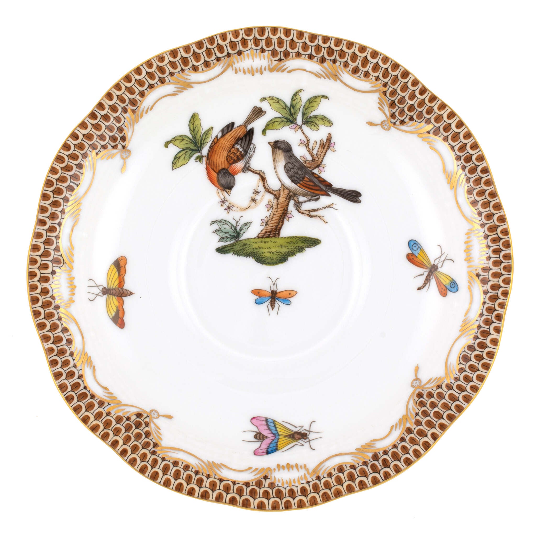 Hand-painted Herend Rothschild Bird Brown Border Tea Saucer Cup & Saucer Set in fine porcelain, 6in D,, Motif 12, on a white background