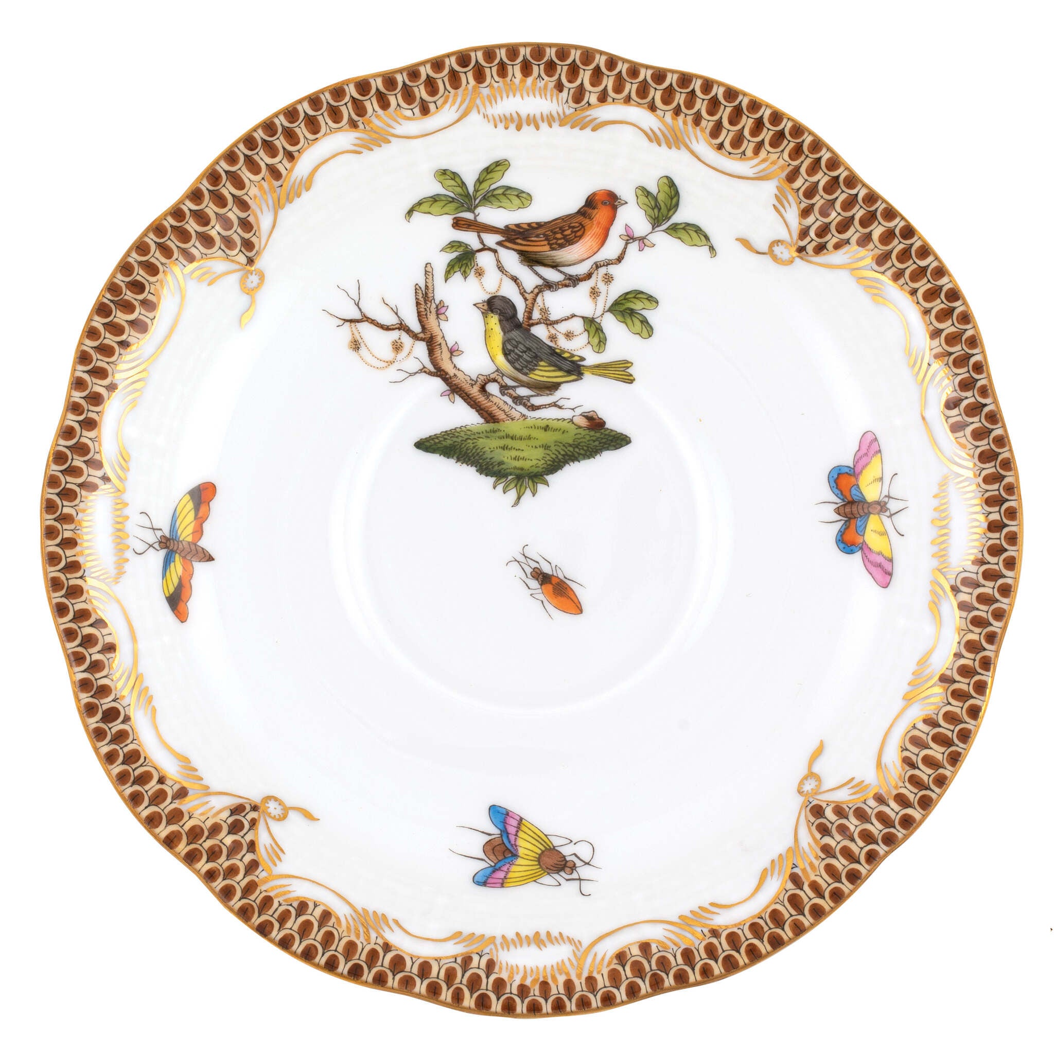 Hand-painted Herend Rothschild Bird Brown Border Tea Saucer Cup & Saucer Set in fine porcelain, 6in D,, Motif 3, on a white background