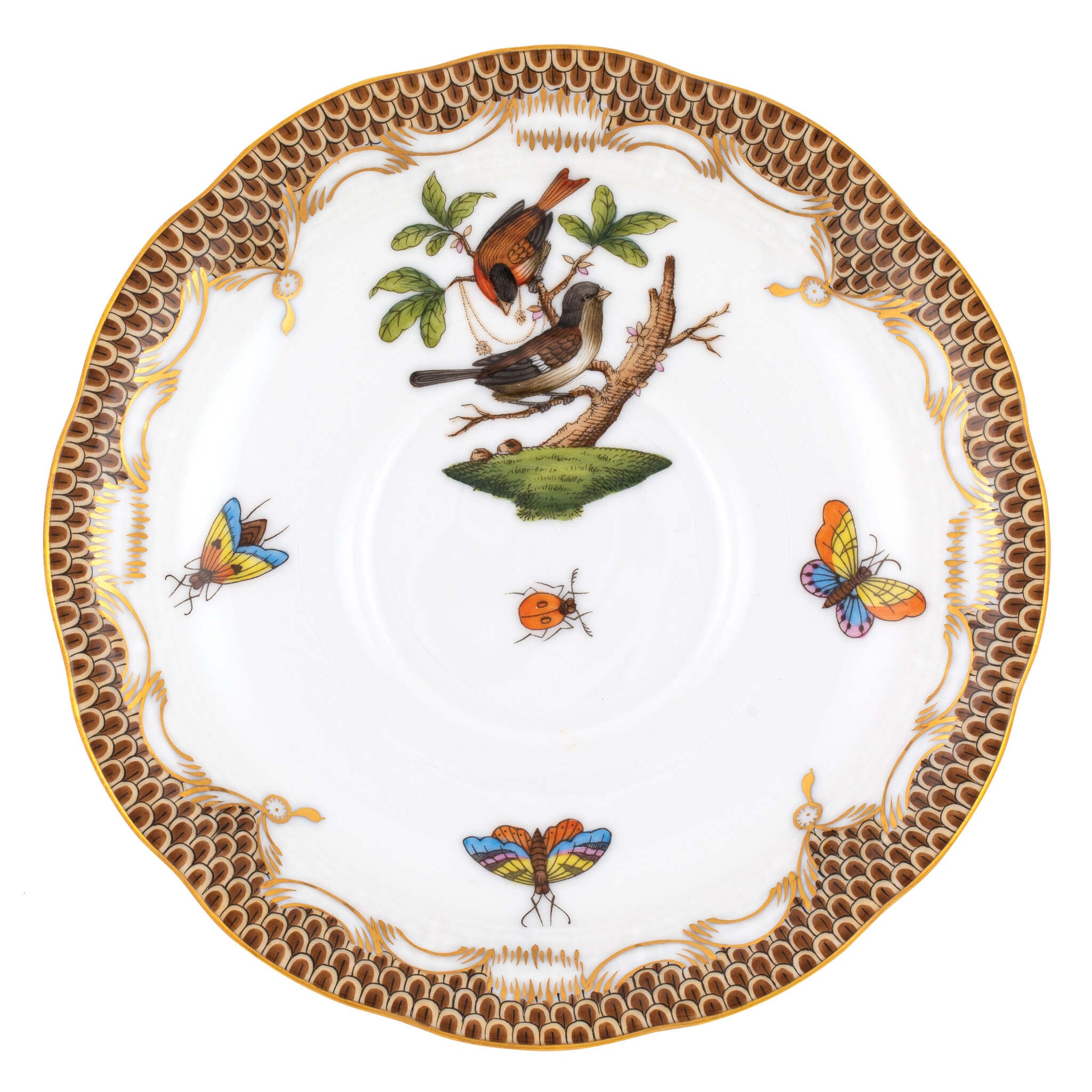 Hand-painted Herend Rothschild Bird Brown Border Tea Saucer Cup & Saucer Set in fine porcelain, 6in D,, Motif 4, on a white background