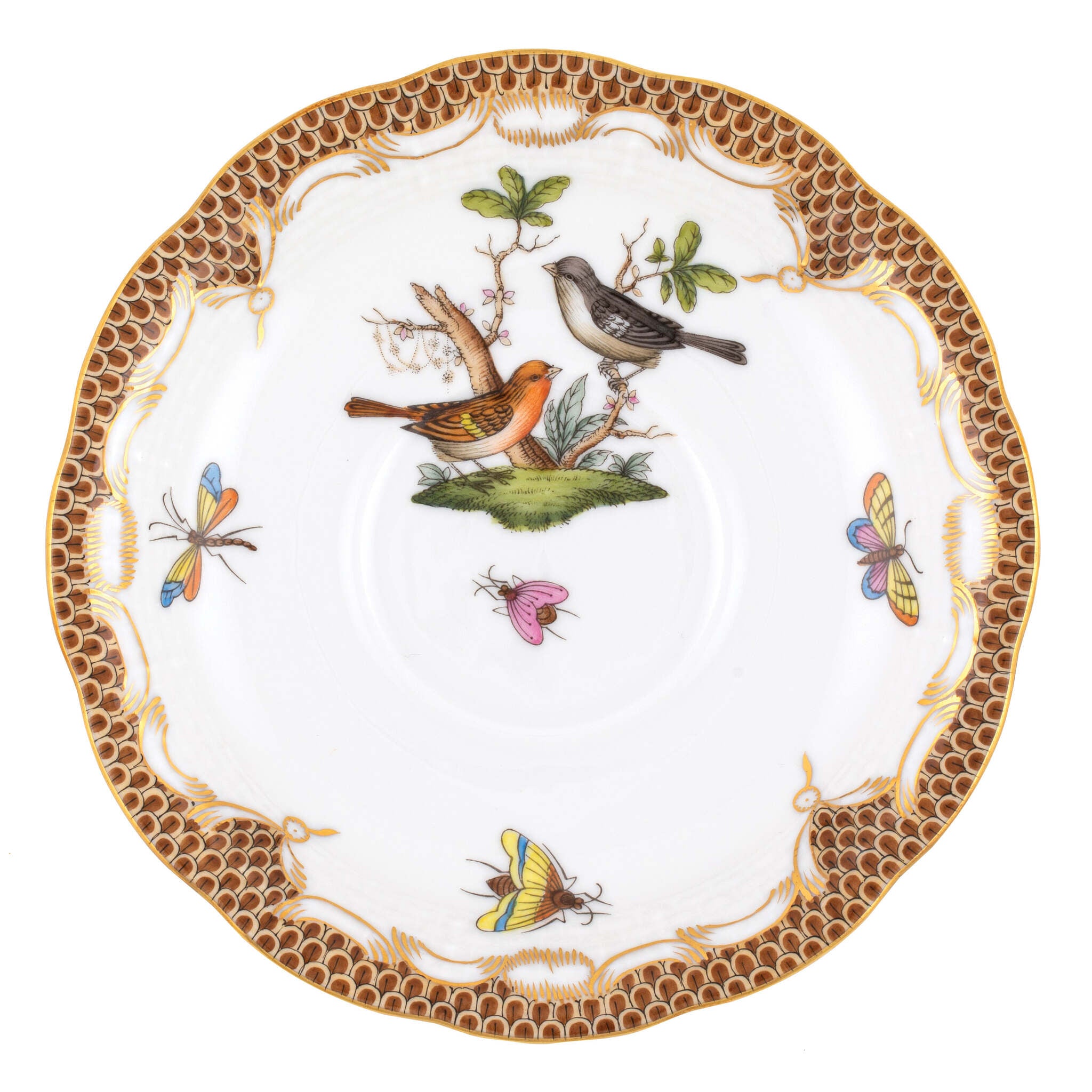 Hand-painted Herend Rothschild Bird Brown Border Tea Saucer Cup & Saucer Set in fine porcelain, 6in D,, Motif 5, on a white background