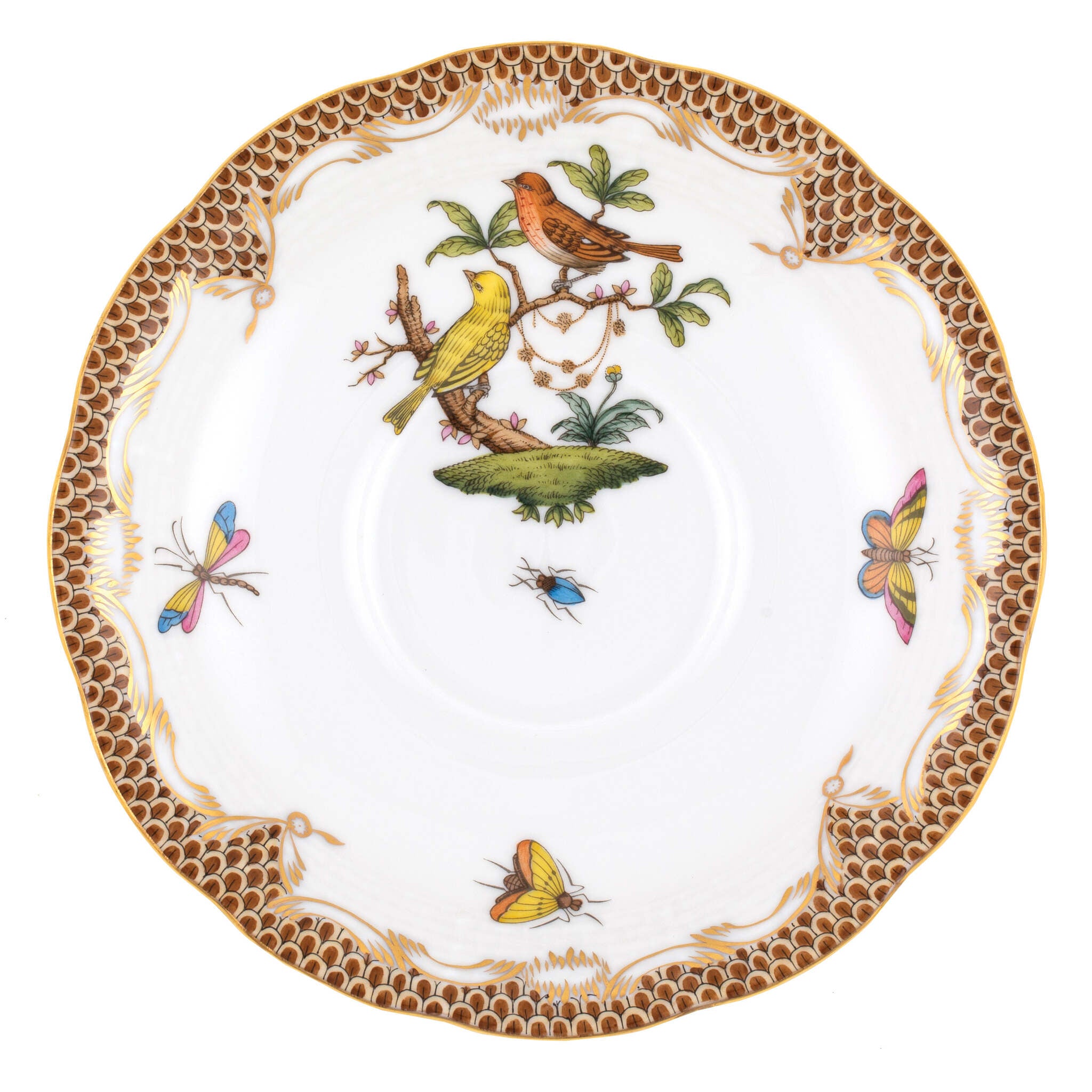 Hand-painted Herend Rothschild Bird Brown Border Tea Saucer Cup & Saucer Set in fine porcelain, 6in D,, Motif 6, on a white background