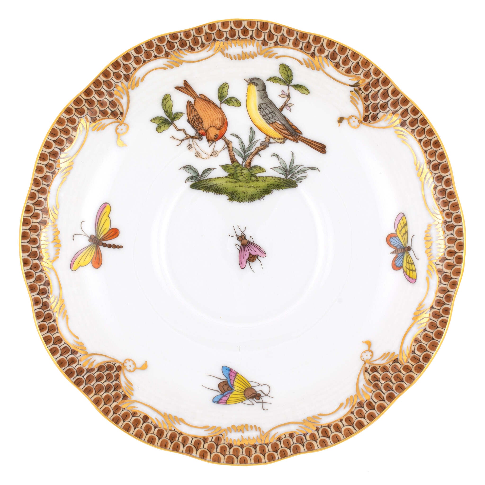 Hand-painted Herend Rothschild Bird Brown Border Tea Saucer Cup & Saucer Set in fine porcelain, 6in D,, Motif 7, on a white background