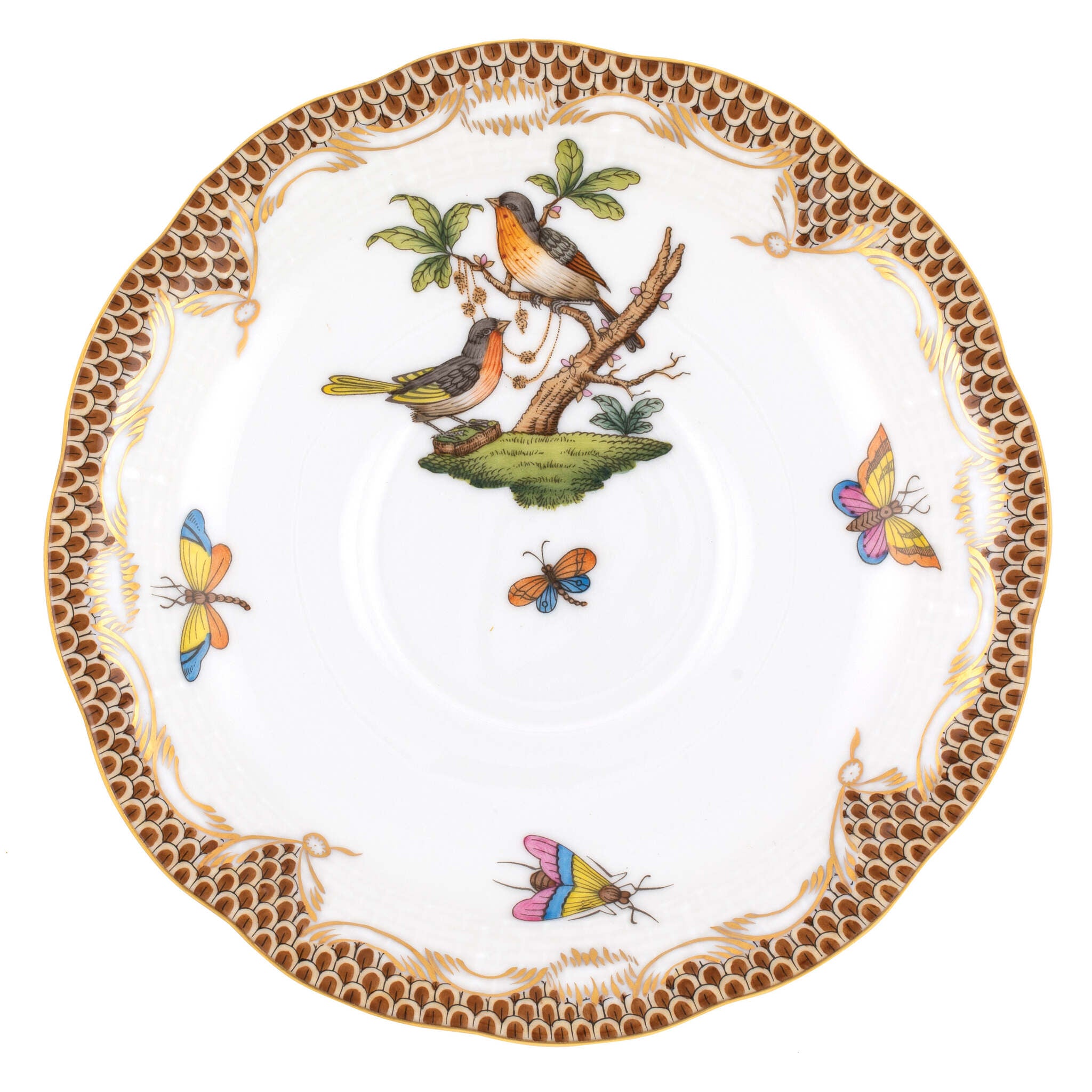 Hand-painted Herend Rothschild Bird Brown Border Tea Saucer Cup & Saucer Set in fine porcelain, 6in D,, Motif 8, on a white background