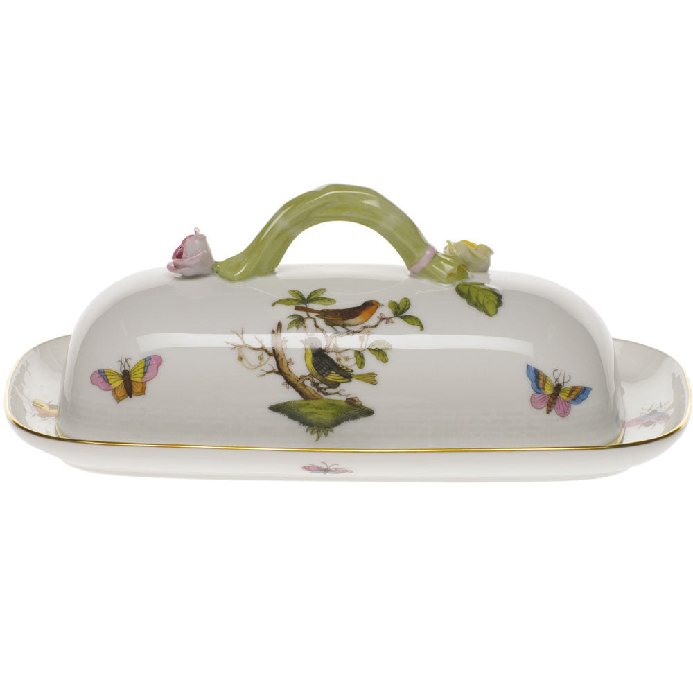 Hand-painted Herend Rothschild Bird Butter Dish with Branch in fine porcelain, 8.5in L, on a white background