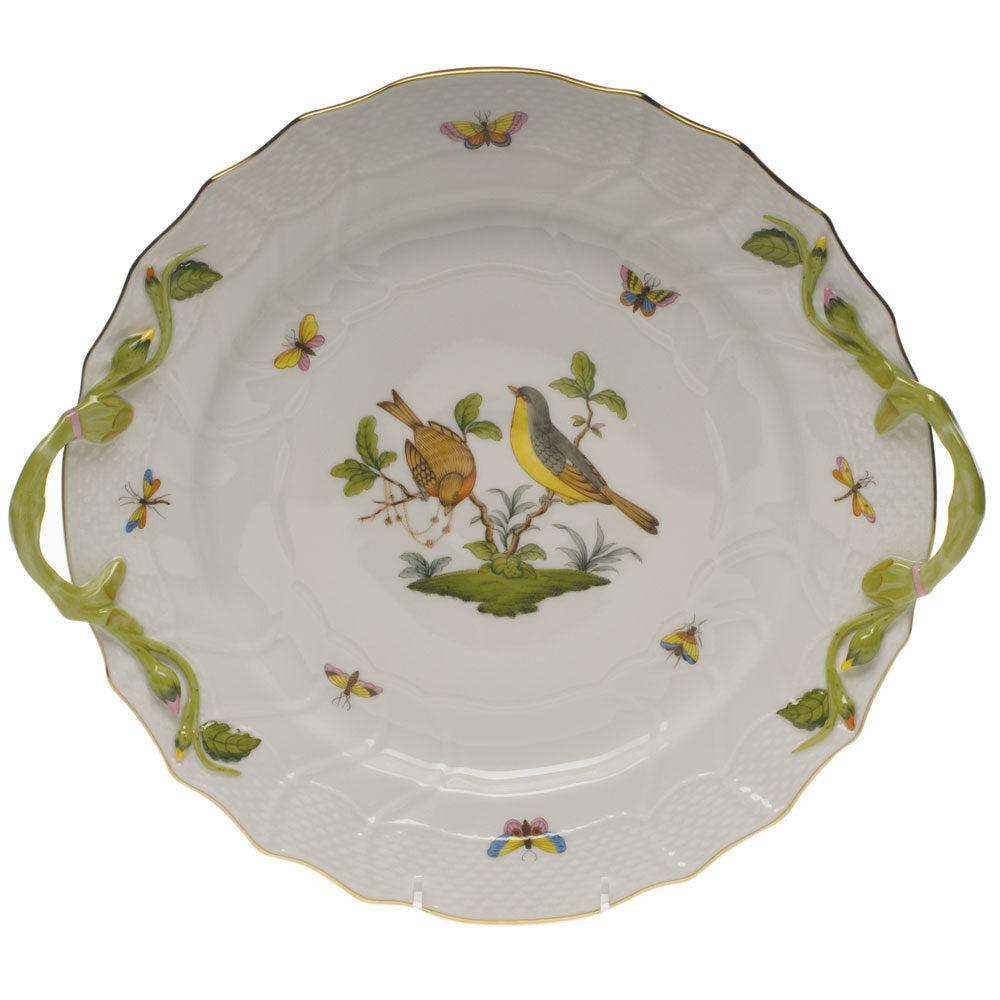 Hand-painted Herend Rothschild Bird Chop Plate with Handles in fine porcelain, 14in D, on a white background