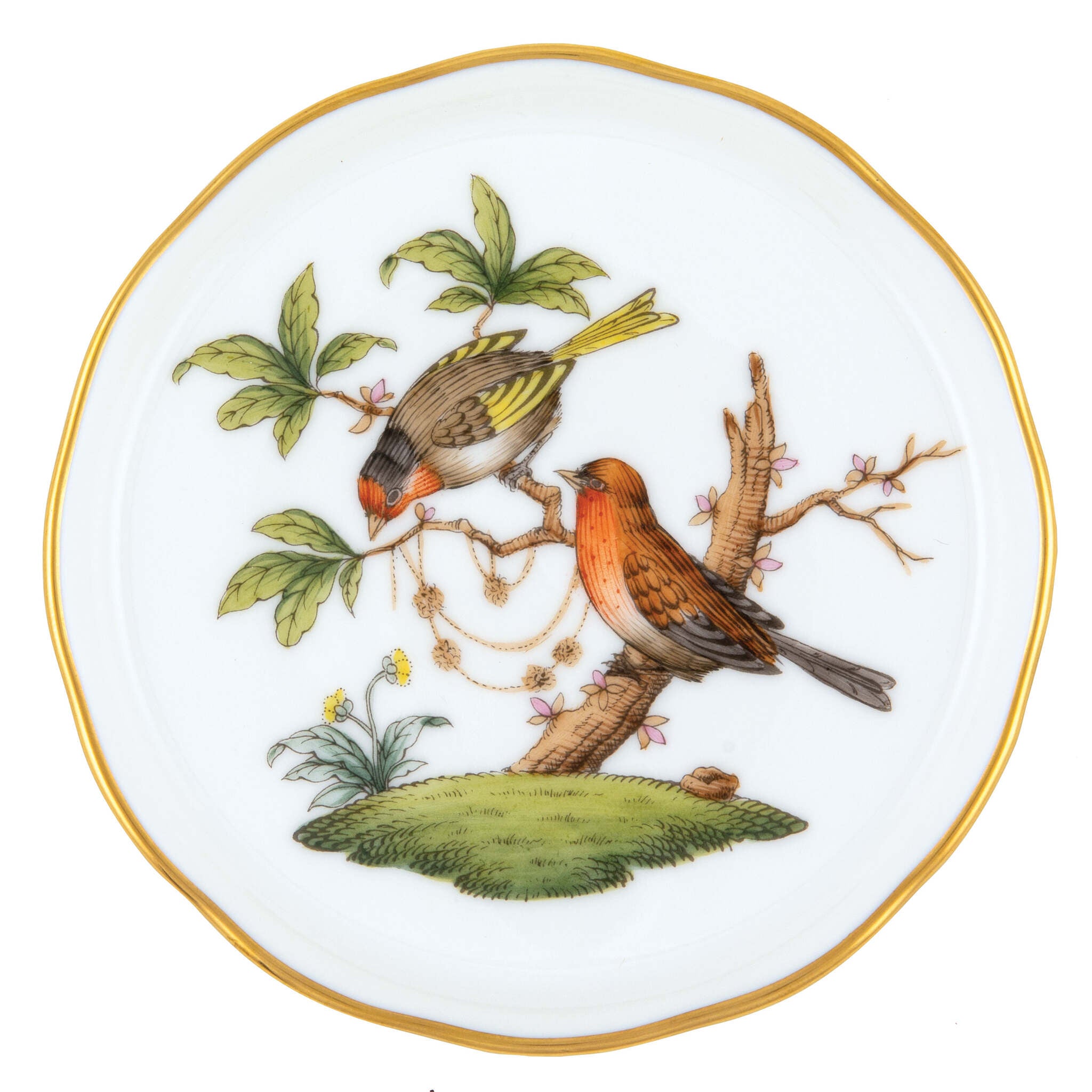 Hand-painted Herend Rothschild Bird Coaster in fine porcelain, 4in D,, Motif 10, on a white background