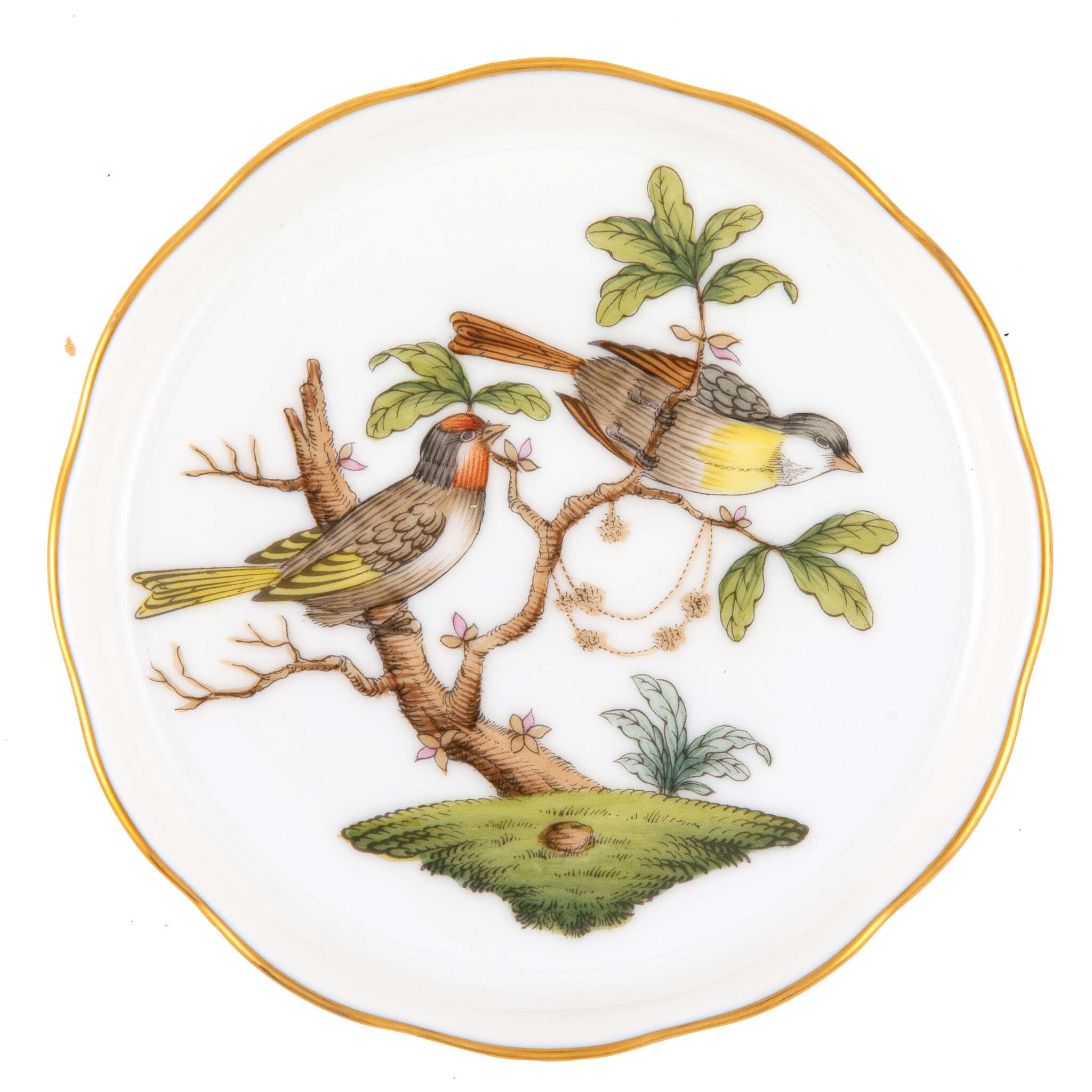 Hand-painted Herend Rothschild Bird Coaster in fine porcelain, 4in D,, Motif 11, on a white background
