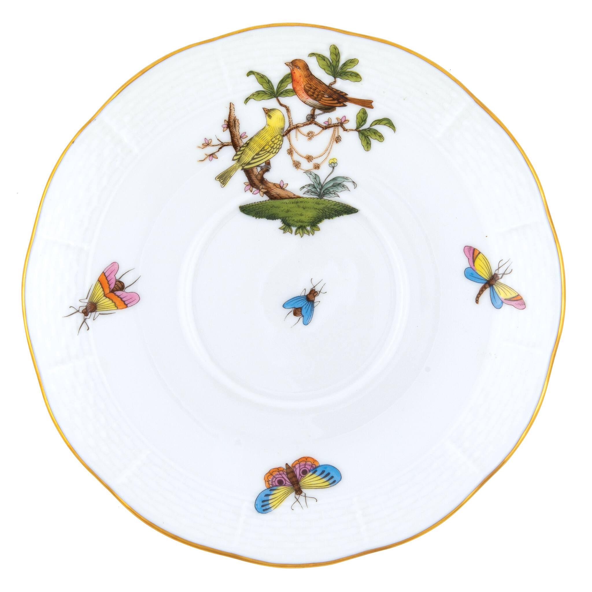 Hand-painted Herend Rothschild Bird Covered Bouillon Saucer Bouillon Cup in fine porcelain, 6.5in D, on a white background