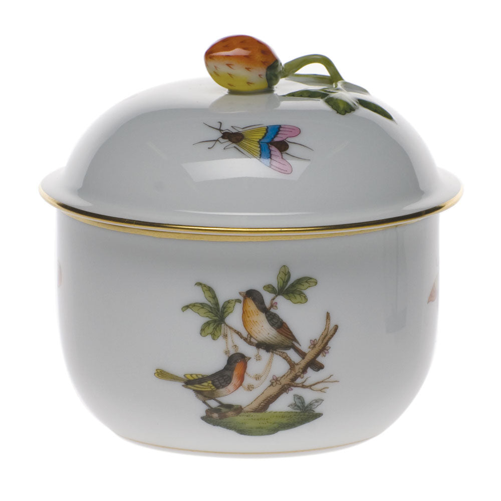 Hand-painted Herend Rothschild Bird Covered Sugar with Strawberry Sugar Bowl in fine porcelain, 3.5in H, on a white background