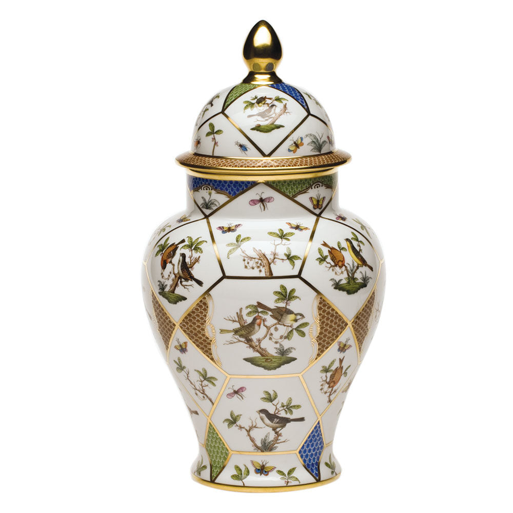 Hand-painted Herend Rothschild Bird Covered Urn Vase in fine porcelain, 14.5in H, on a white background