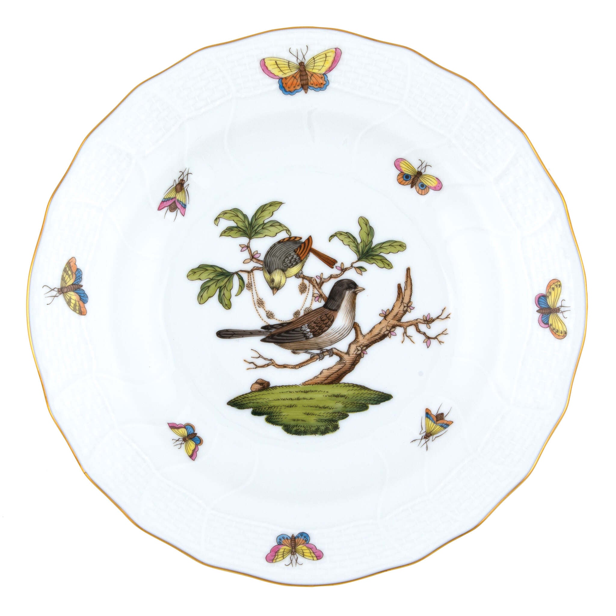Hand-painted Herend Rothschild Bird Dessert Plate in fine porcelain, 8.25in D,, Motif 1, on a white background