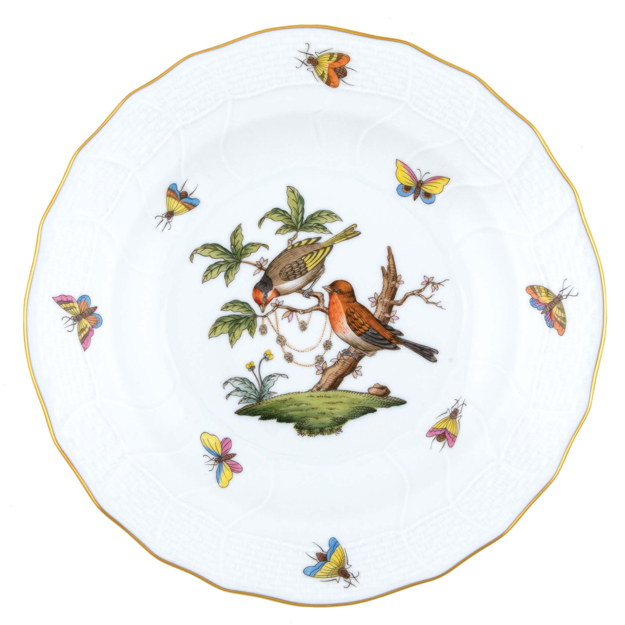 Hand-painted Herend Rothschild Bird Dessert Plate in fine porcelain, 8.25in D,, Motif 10, on a white background