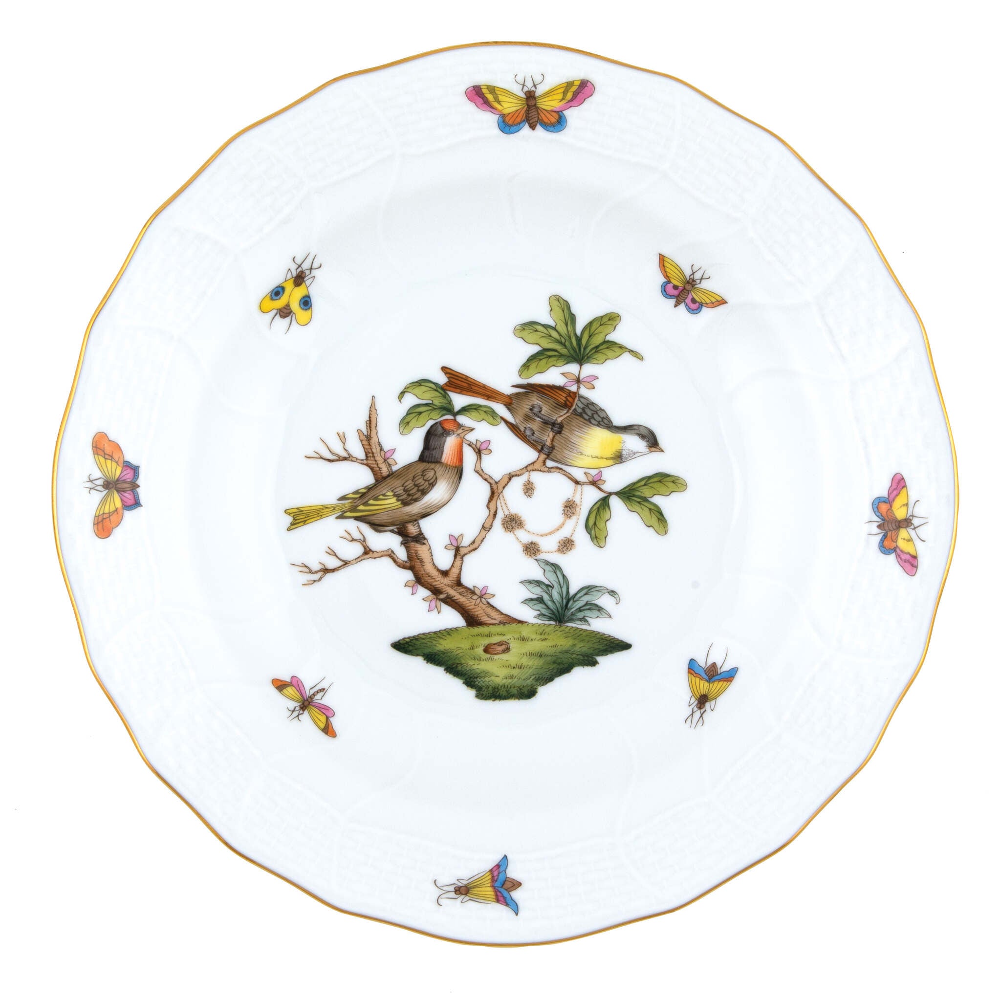 Hand-painted Herend Rothschild Bird Dessert Plate in fine porcelain, 8.25in D,, Motif 11, on a white background