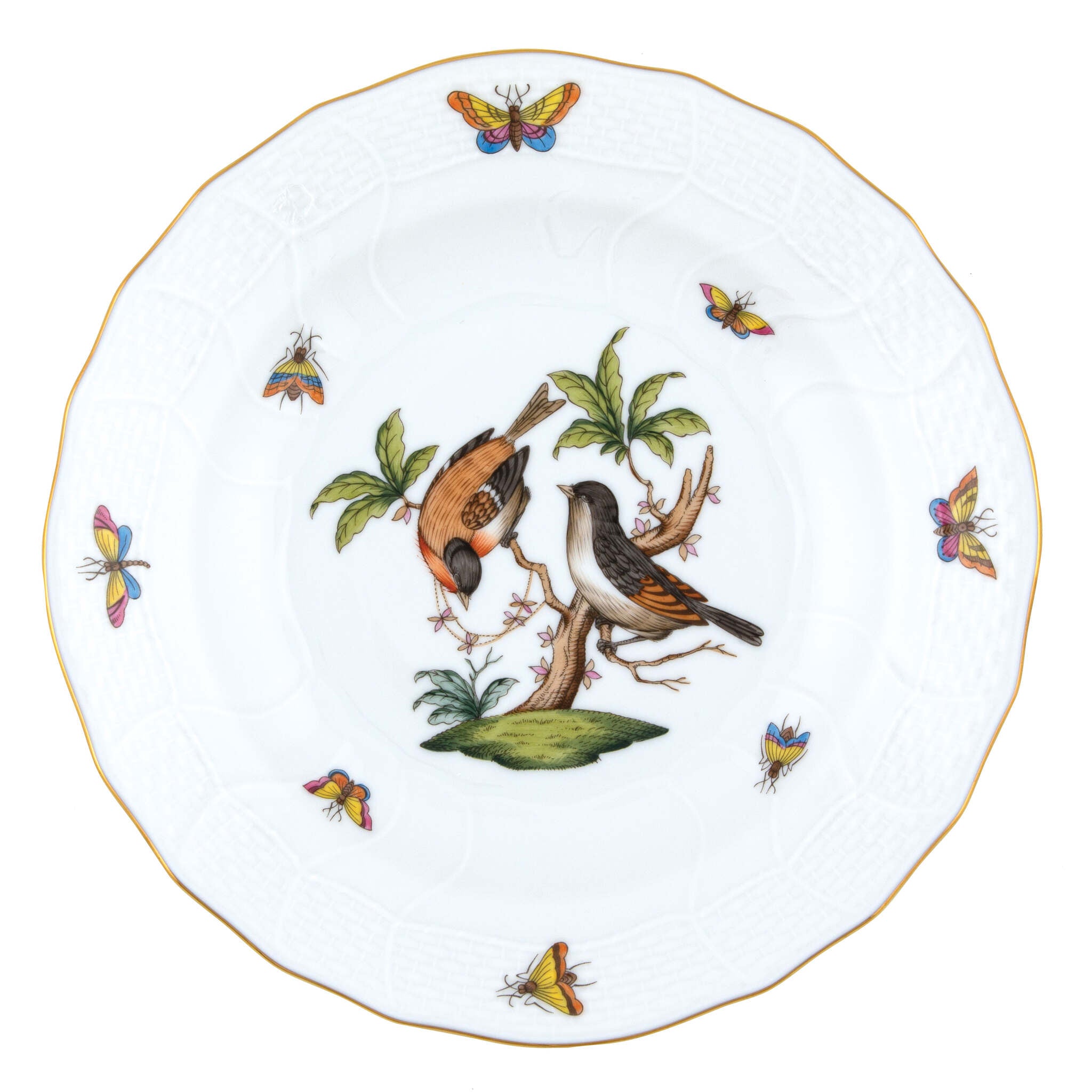 Hand-painted Herend Rothschild Bird Dessert Plate in fine porcelain, 8.25in D,, Motif 12, on a white background