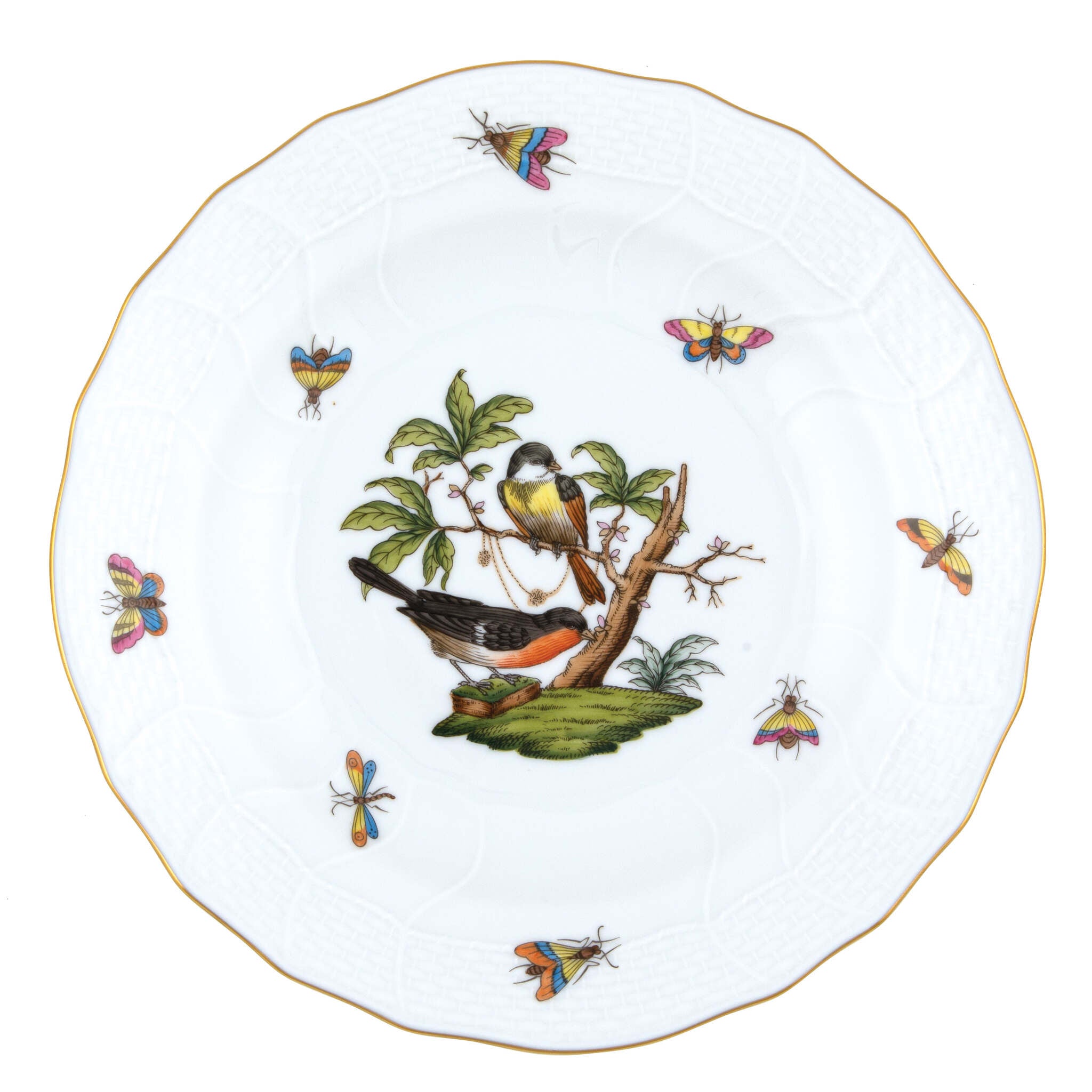 Hand-painted Herend Rothschild Bird Dessert Plate in fine porcelain, 8.25in D,, Motif 2, on a white background