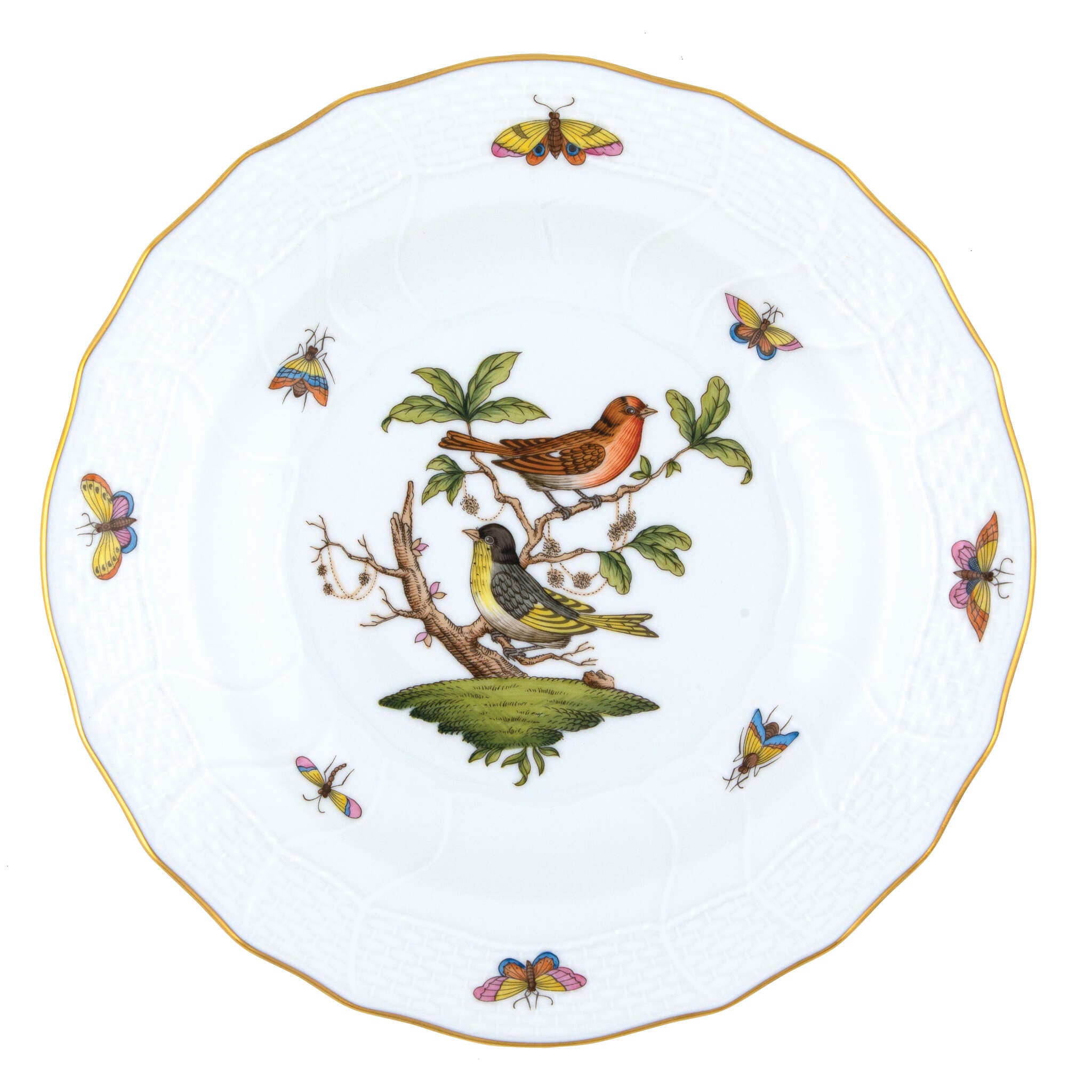 Hand-painted Herend Rothschild Bird Dessert Plate in fine porcelain, 8.25in D,, Motif 3, on a white background