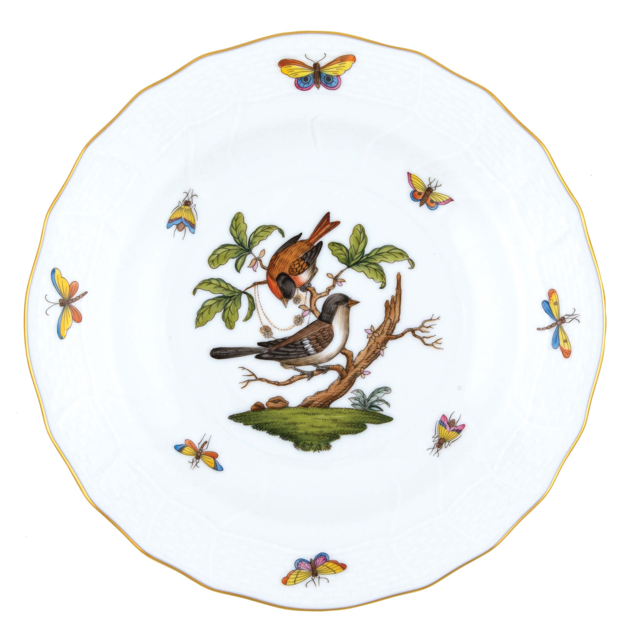 Hand-painted Herend Rothschild Bird Dessert Plate in fine porcelain, 8.25in D,, Motif 4, on a white background