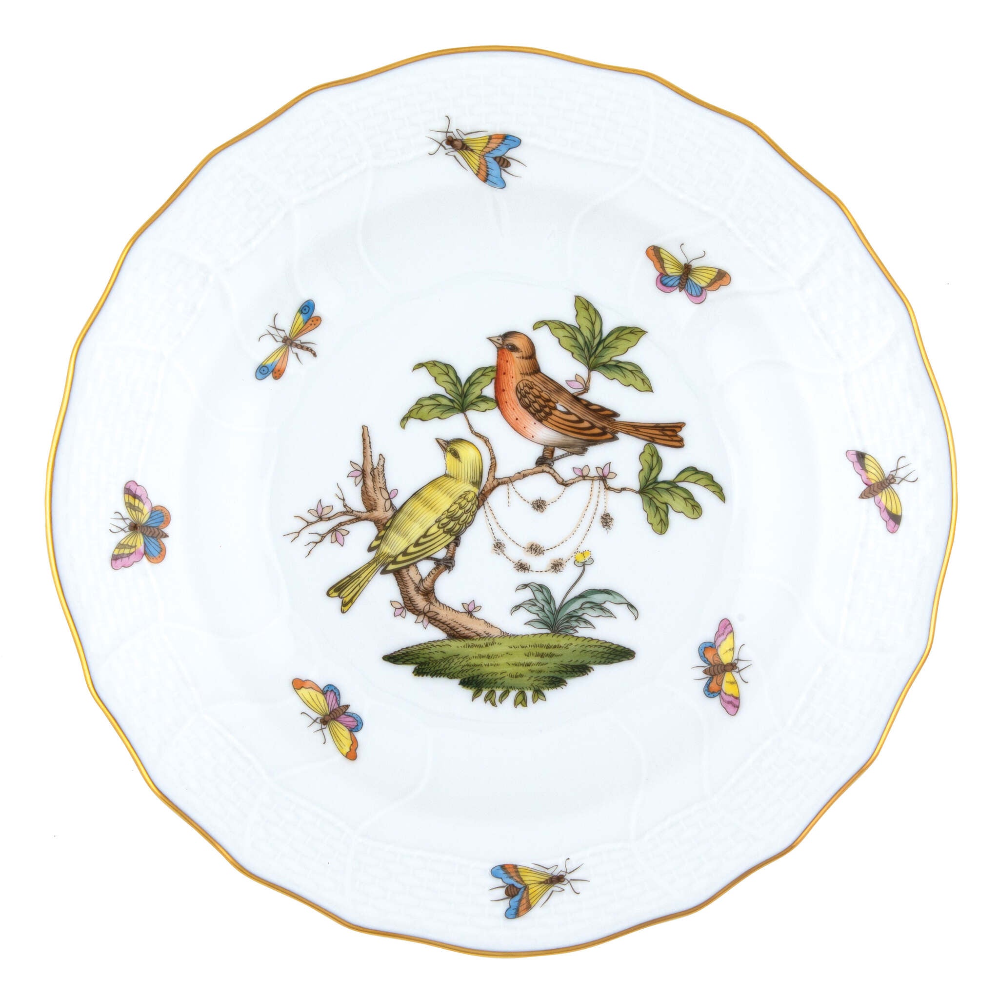 Hand-painted Herend Rothschild Bird Dessert Plate in fine porcelain, 8.25in D,, Motif 6, on a white background