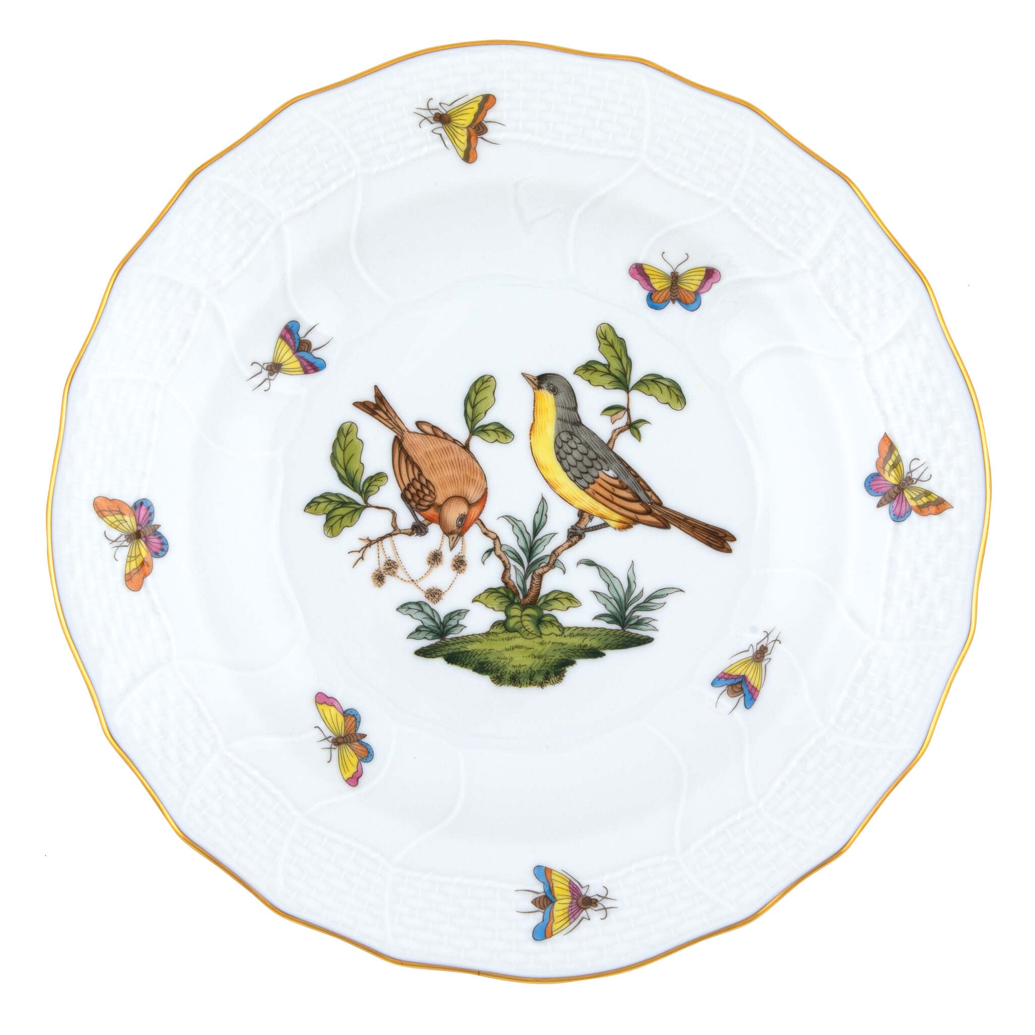 Hand-painted Herend Rothschild Bird Dessert Plate in fine porcelain, 8.25in D,, Motif 7, on a white background