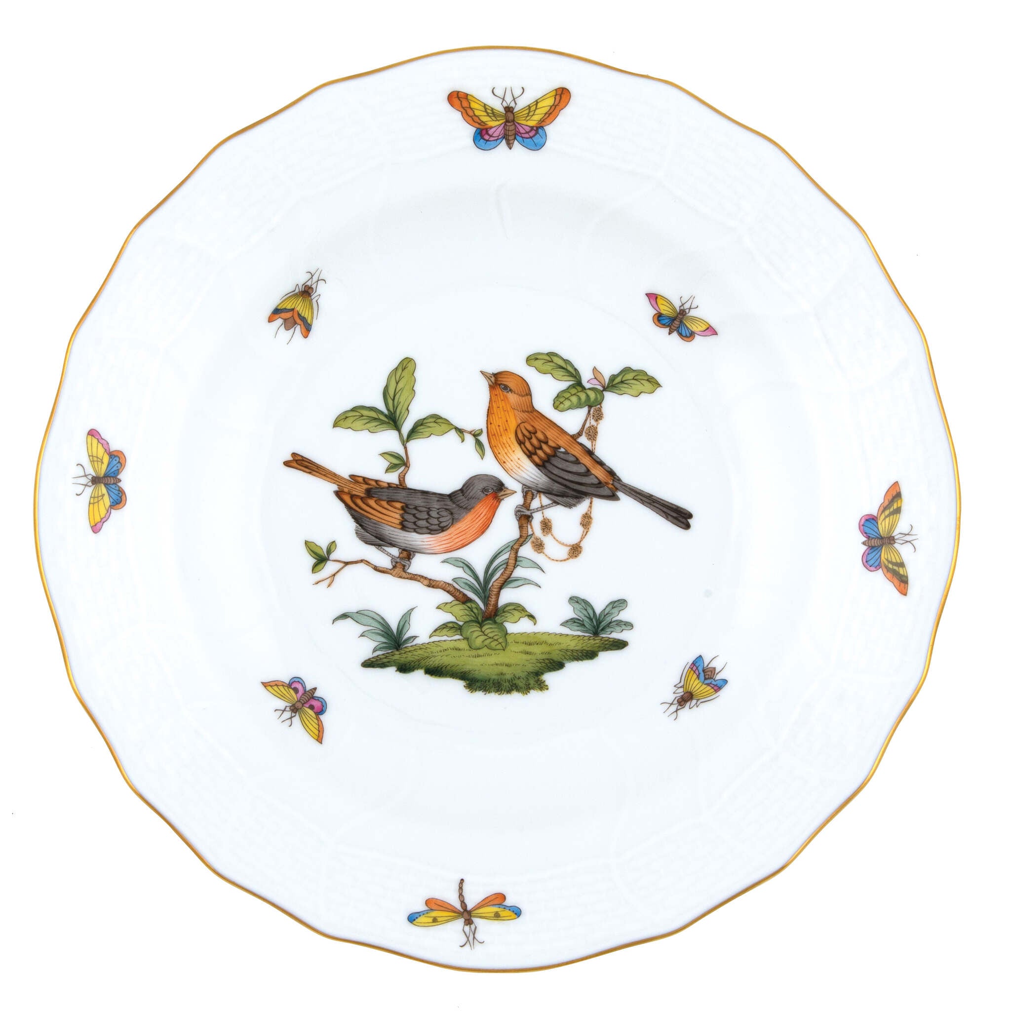 Hand-painted Herend Rothschild Bird Dessert Plate in fine porcelain, 8.25in D,, Motif 9, on a white background