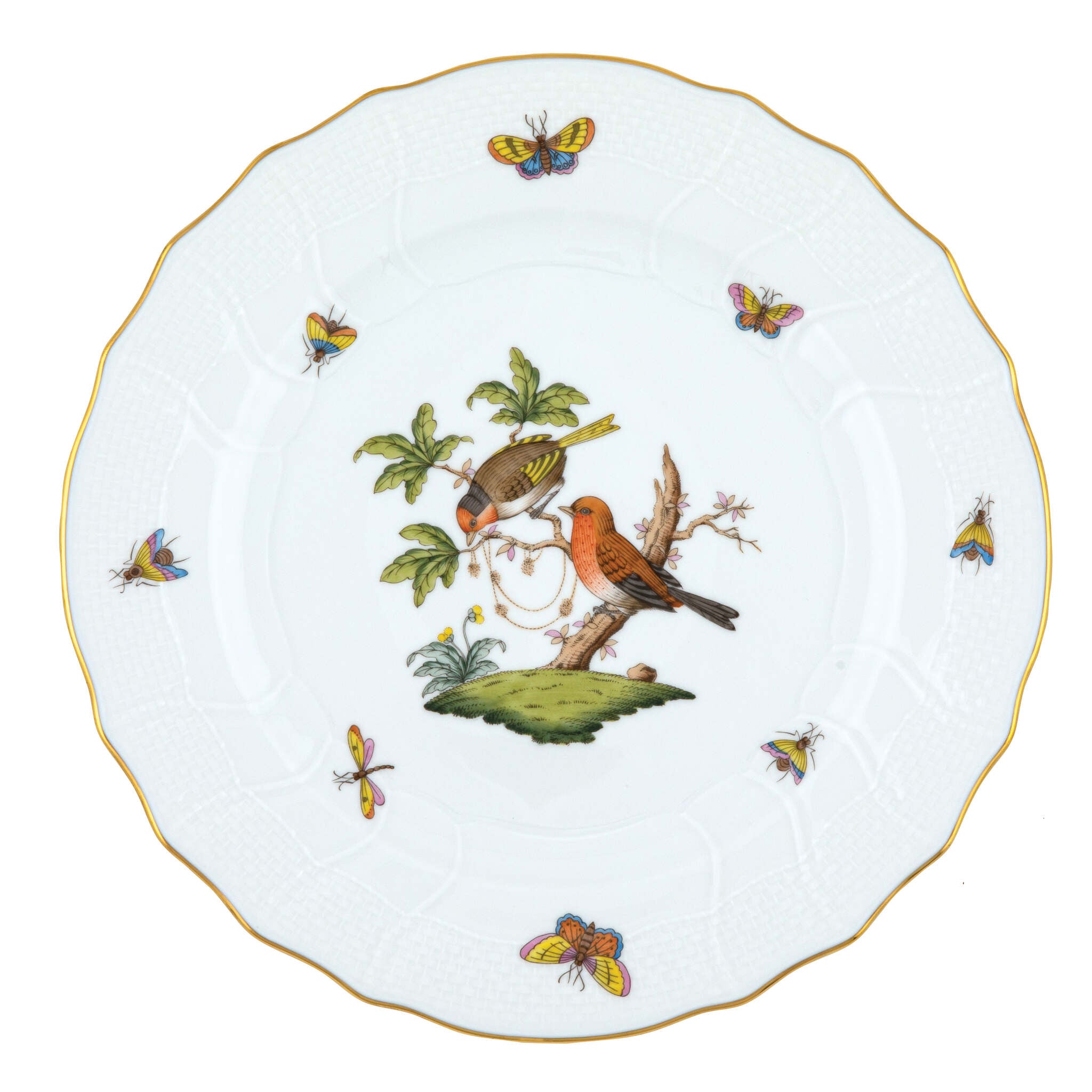 Hand-painted Herend Rothschild Bird Dinner Plate in fine porcelain, 10.5in D,, Motif 10, on a white background