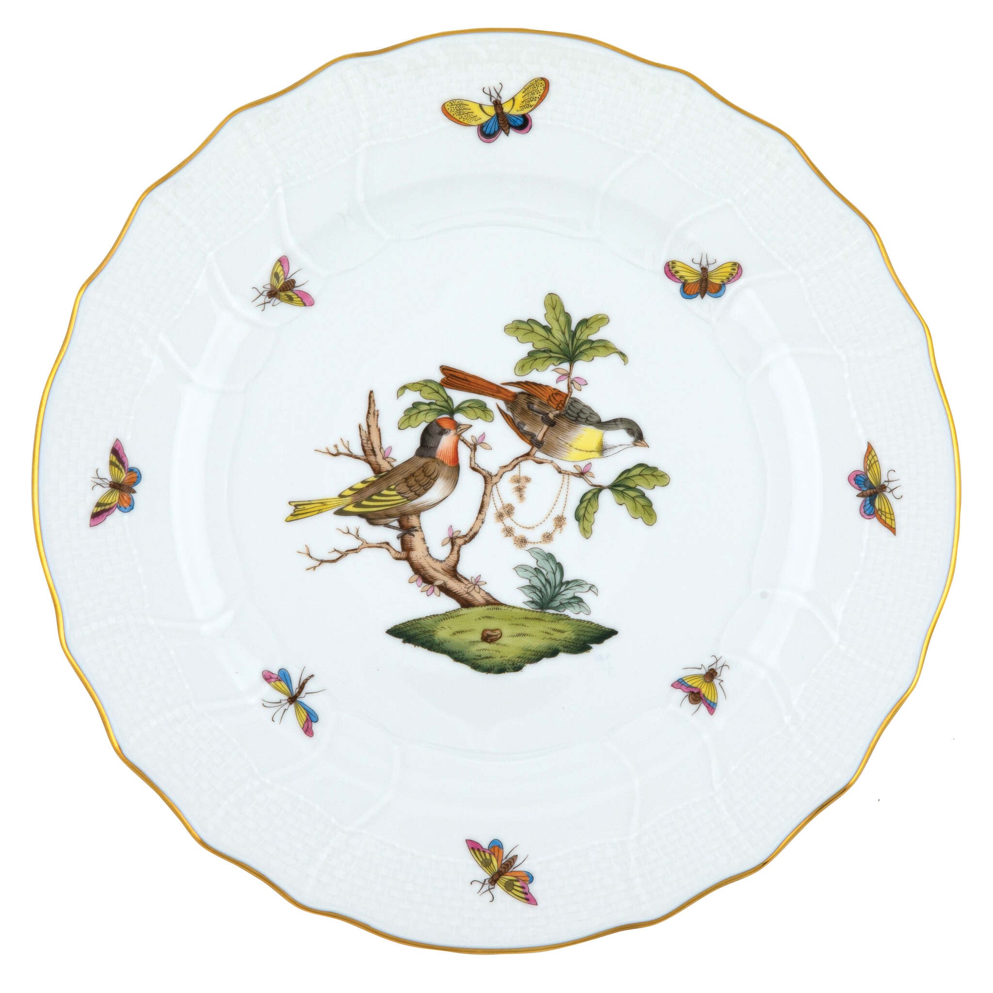 Hand-painted Herend Rothschild Bird Dinner Plate in fine porcelain, 10.5in D,, Motif 11, on a white background
