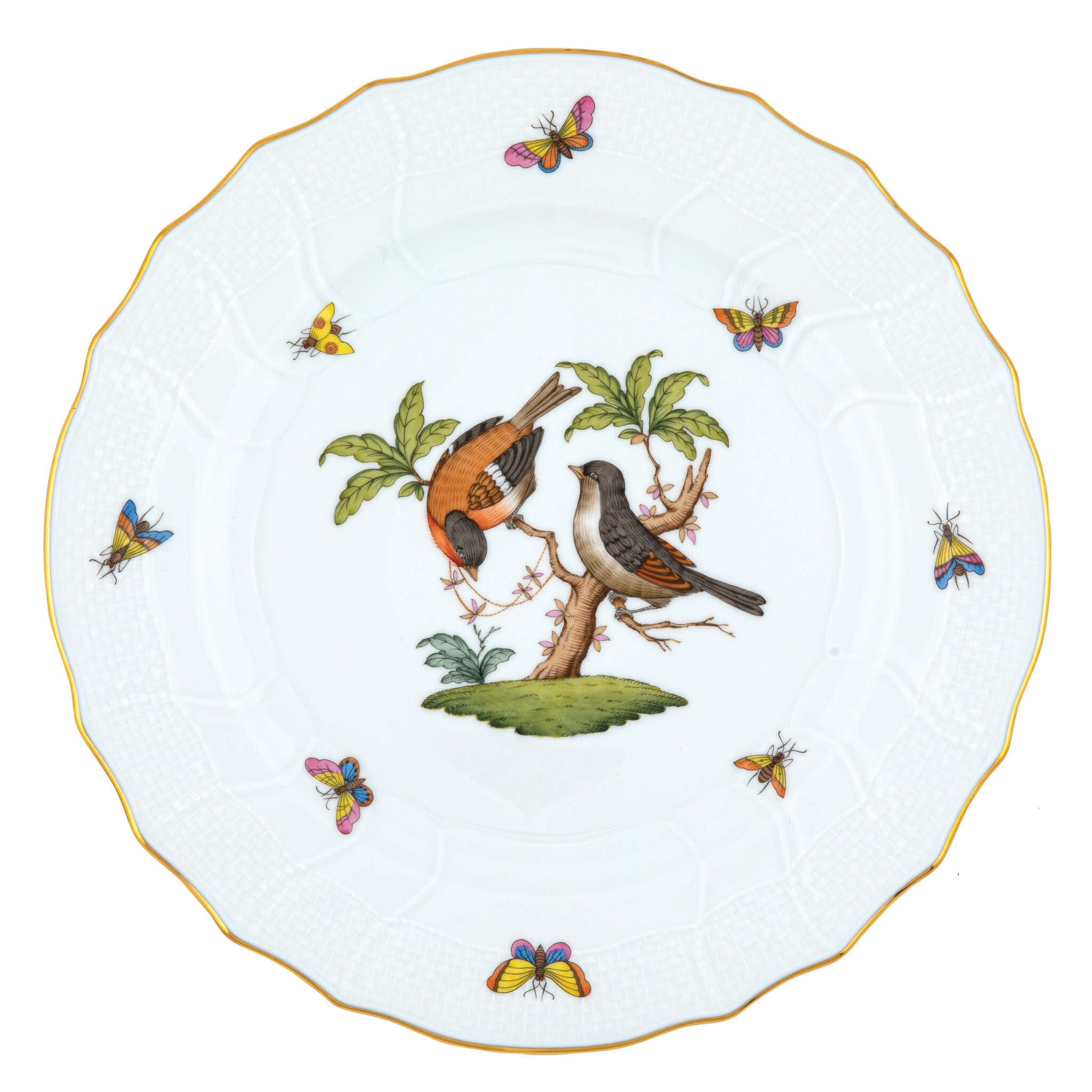 Hand-painted Herend Rothschild Bird Dinner Plate in fine porcelain, 10.5in D,, Motif 12, on a white background