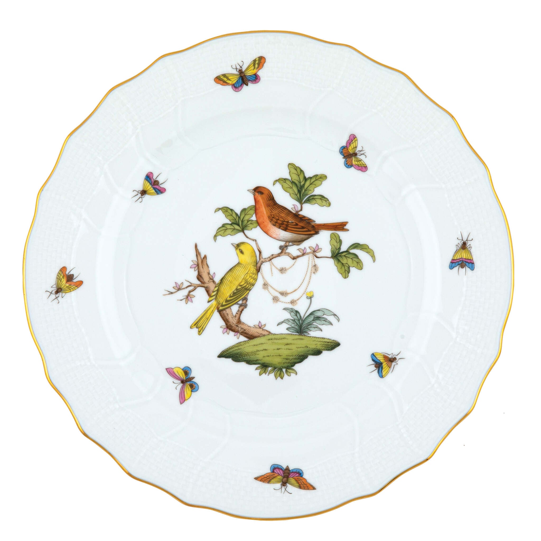 Hand-painted Herend Rothschild Bird Dinner Plate in fine porcelain, 10.5in D,, Motif 6, on a white background