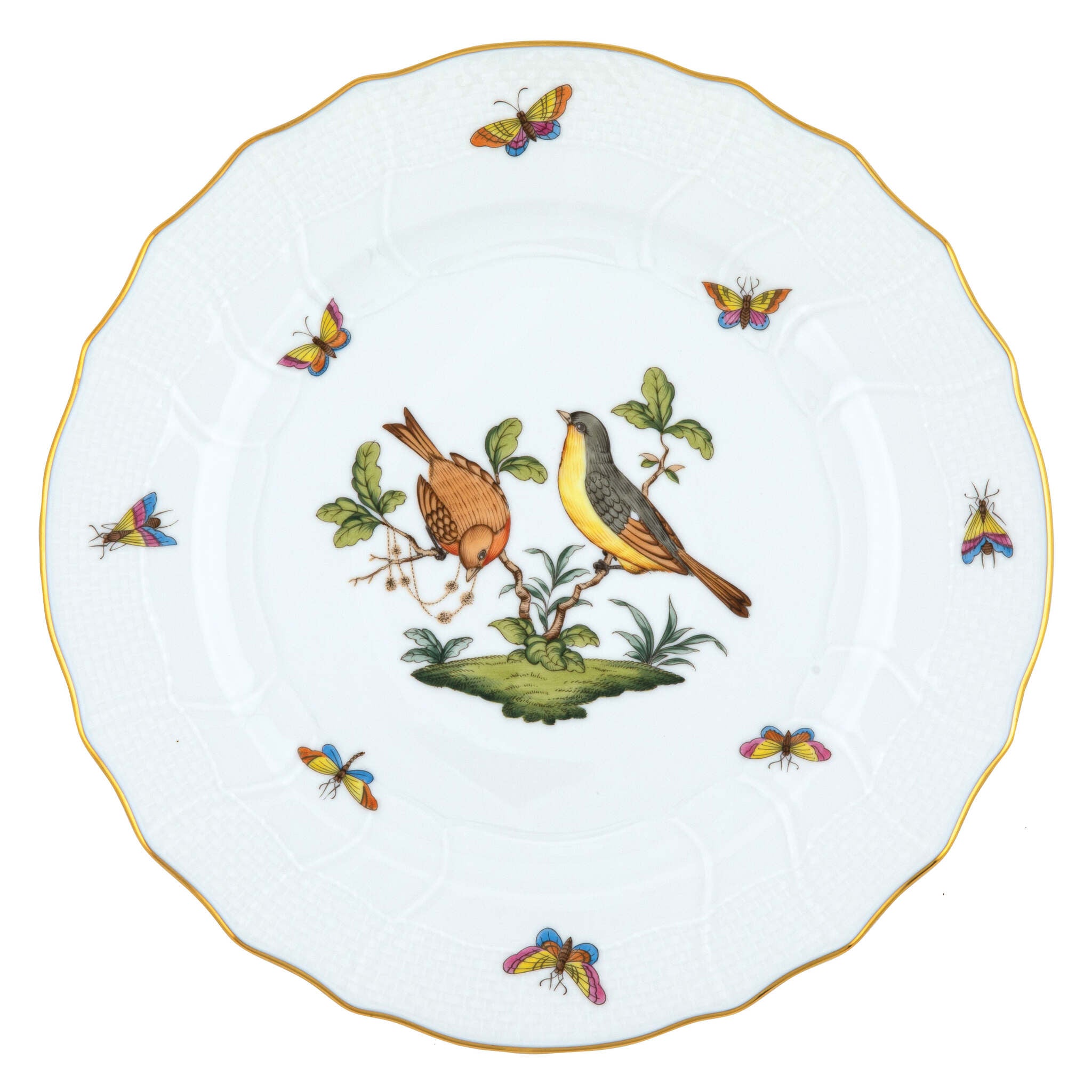 Hand-painted Herend Rothschild Bird Dinner Plate in fine porcelain, 10.5in D,, Motif 7, on a white background
