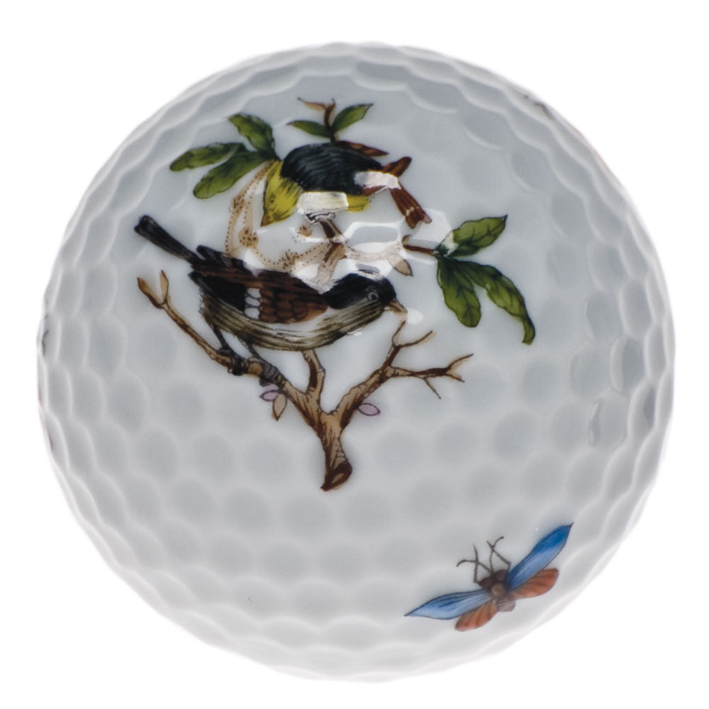 Hand-painted Herend Rothschild Bird Golf Ball Paperweight in fine porcelain, 1.75in D, on a white background