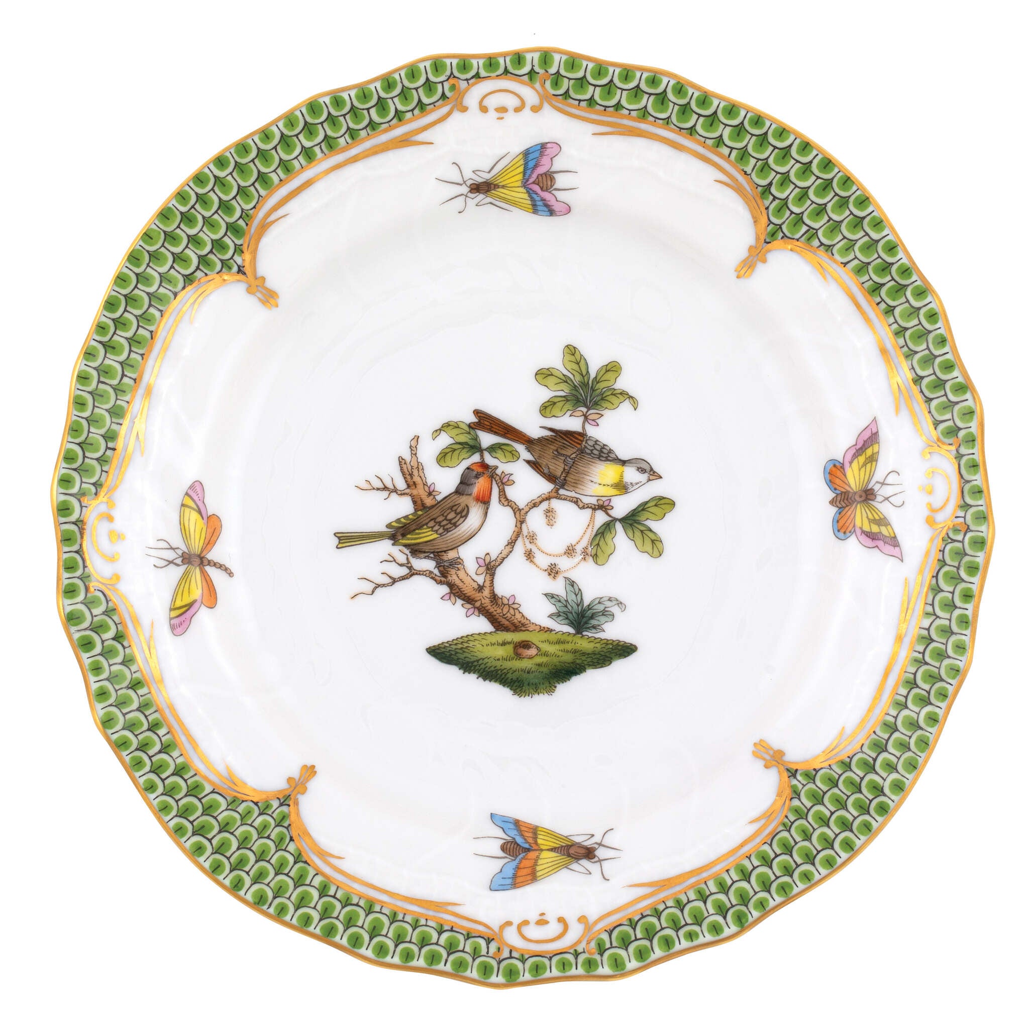 Hand-painted Herend Rothschild Bird Green Border Bread and Butter Plate in fine porcelain, 6in D,, Motif 11, on a white background