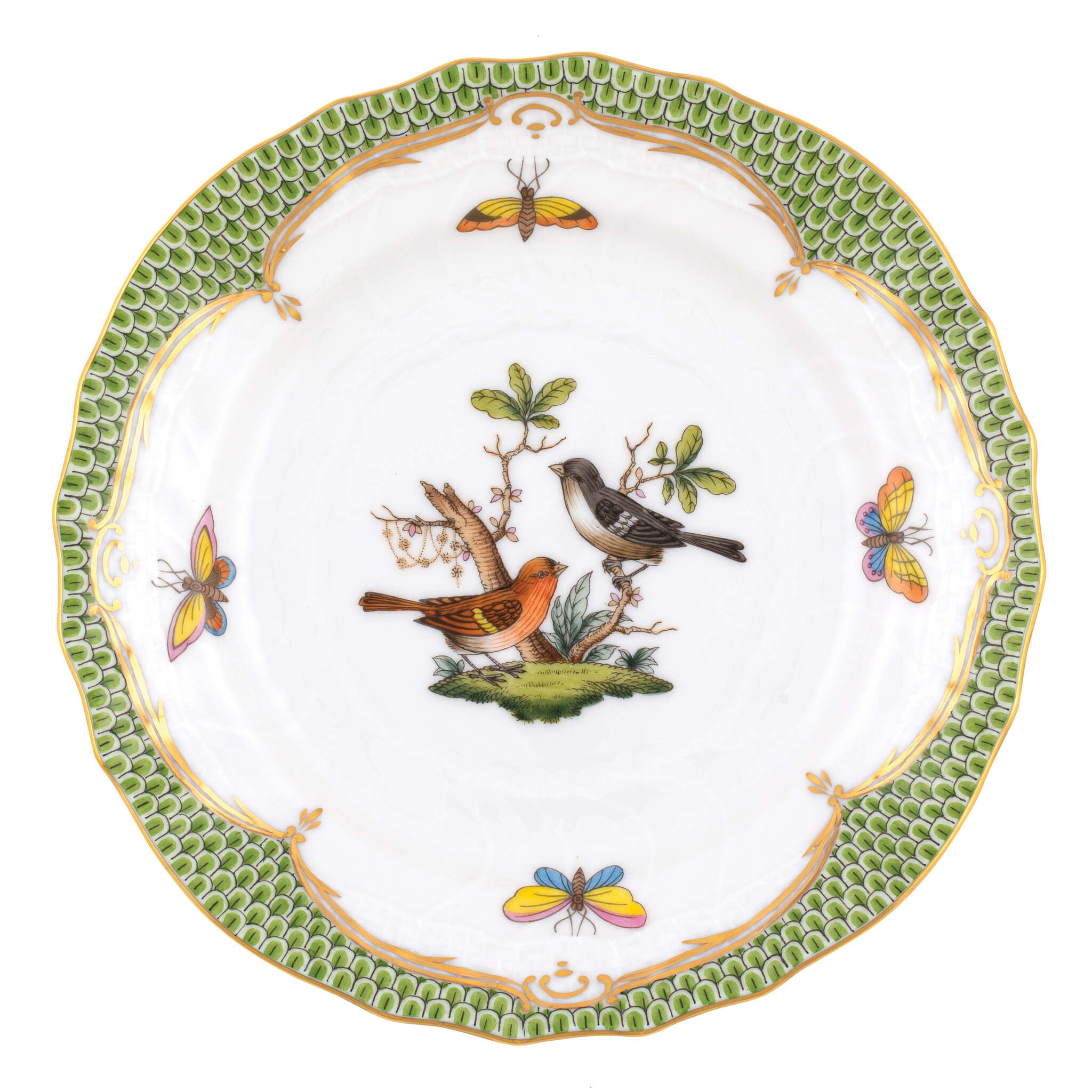 Hand-painted Herend Rothschild Bird Green Border Bread and Butter Plate in fine porcelain, 6in D,, Motif 5, on a white background