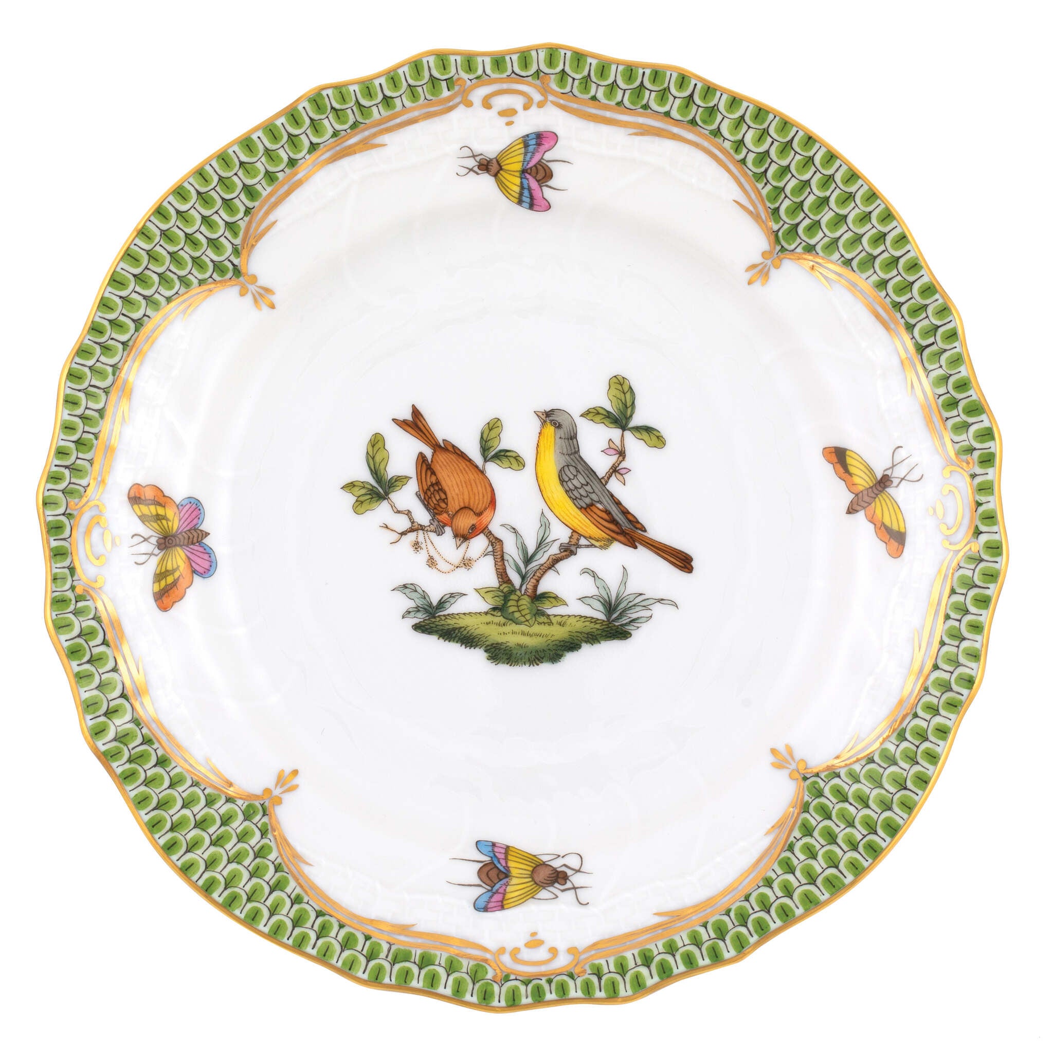 Hand-painted Herend Rothschild Bird Green Border Bread and Butter Plate in fine porcelain, 6in D,, Motif 7, on a white background