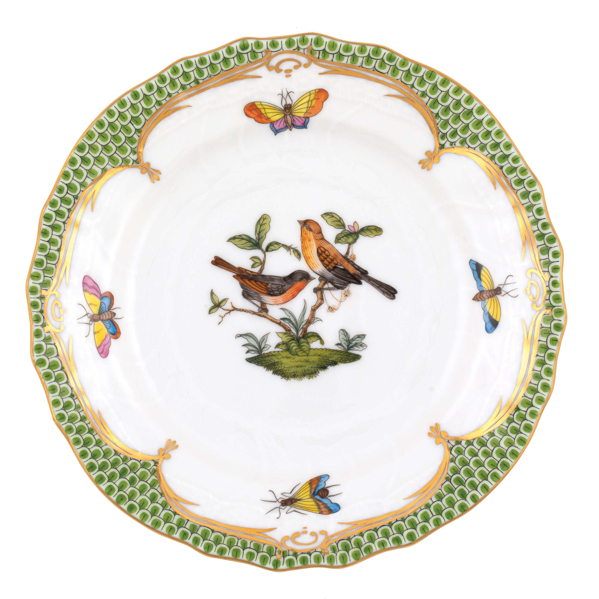 Hand-painted Herend Rothschild Bird Green Border Bread and Butter Plate in fine porcelain, 6in D,, Motif 9, on a white background
