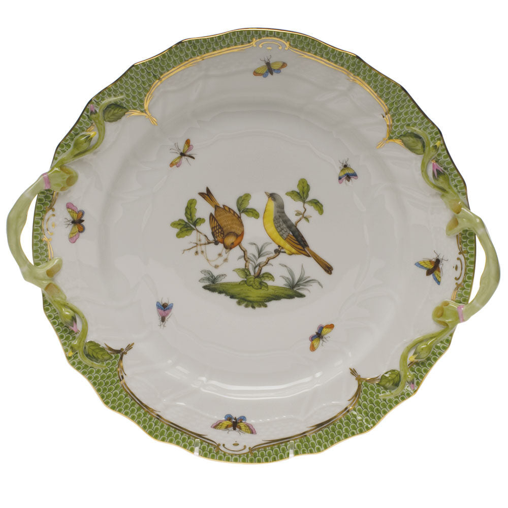 Hand-painted Herend Rothschild Bird Green Border Chop Plate with Handles in fine porcelain, 12in D, on a white background