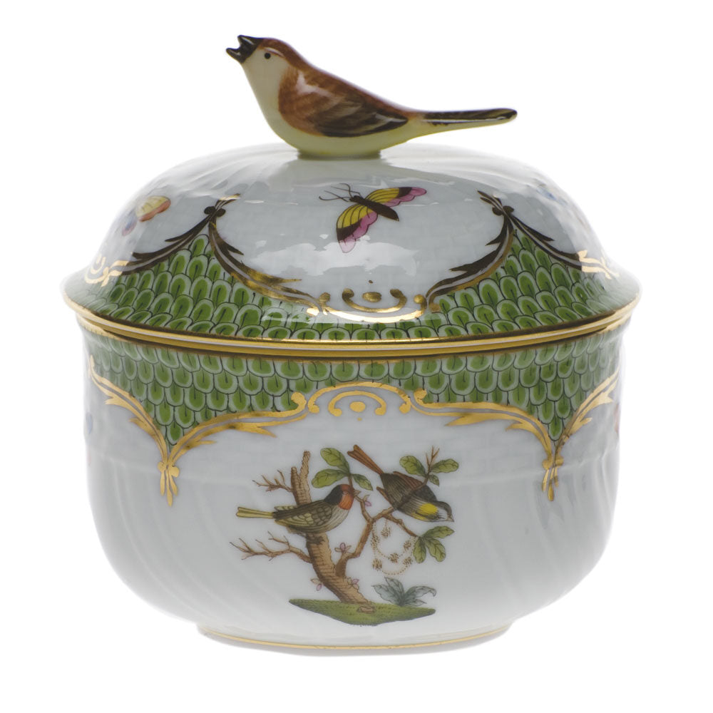 Hand-painted Herend Rothschild Bird Green Border Covered Sugar with Bird Sugar Bowl in fine porcelain, (6 OZ) 4in H, on a white background