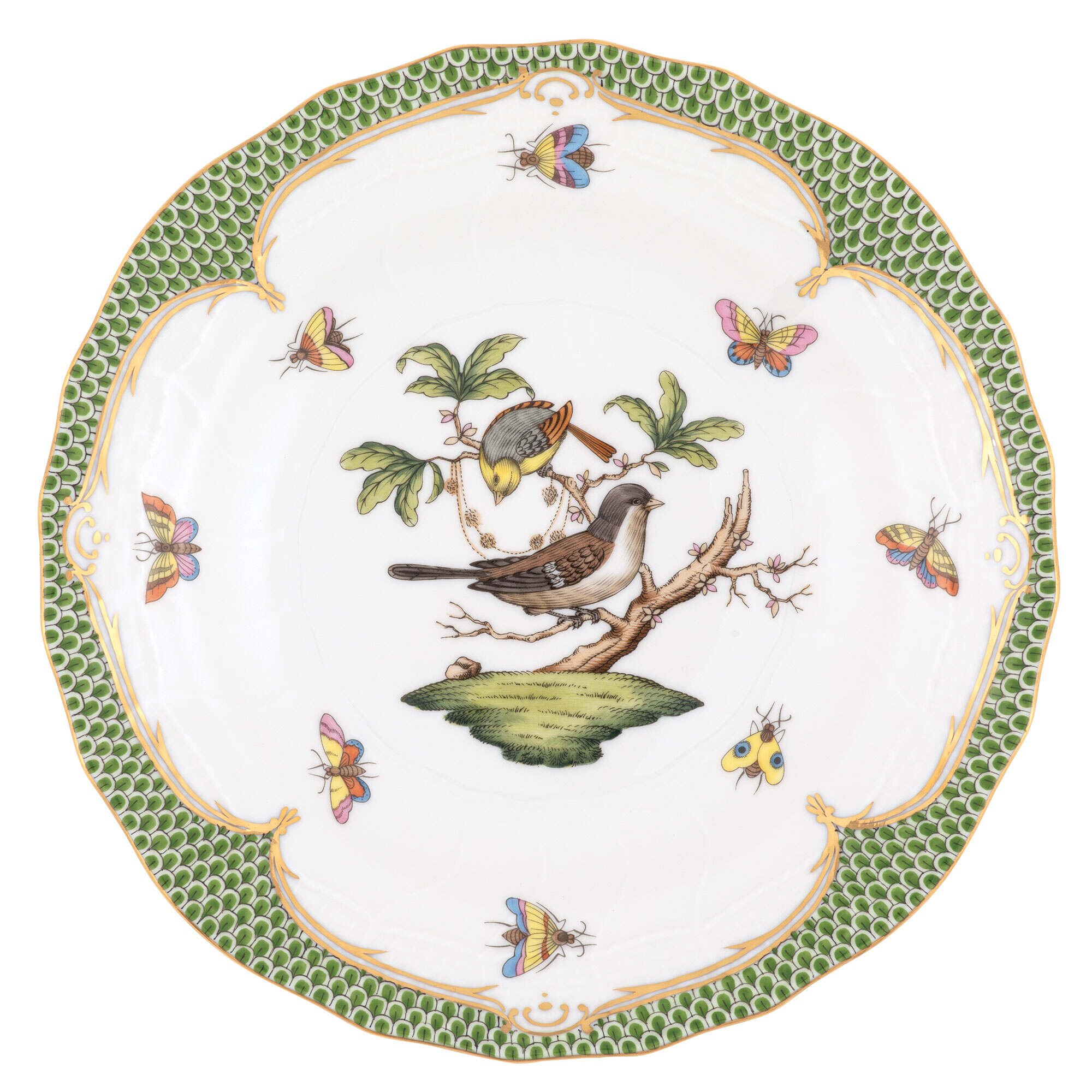 Hand-painted Herend Rothschild Bird Green Border Dessert Plate in fine porcelain, 8.25in D,, Motif 1, on a white background