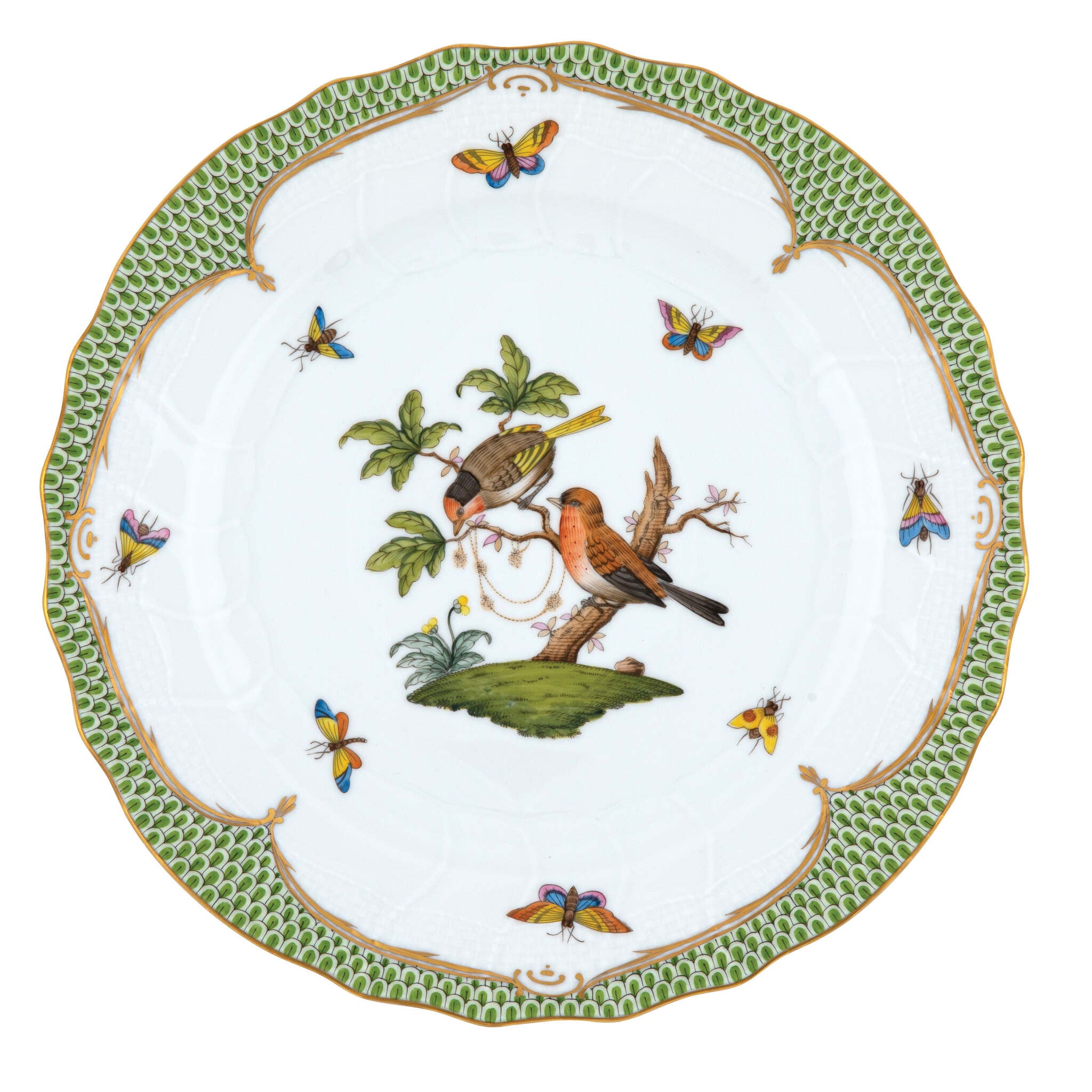 Hand-painted Herend Rothschild Bird Green Border Dinner Plate in fine porcelain, 10.5in D,, Motif 10, on a white background