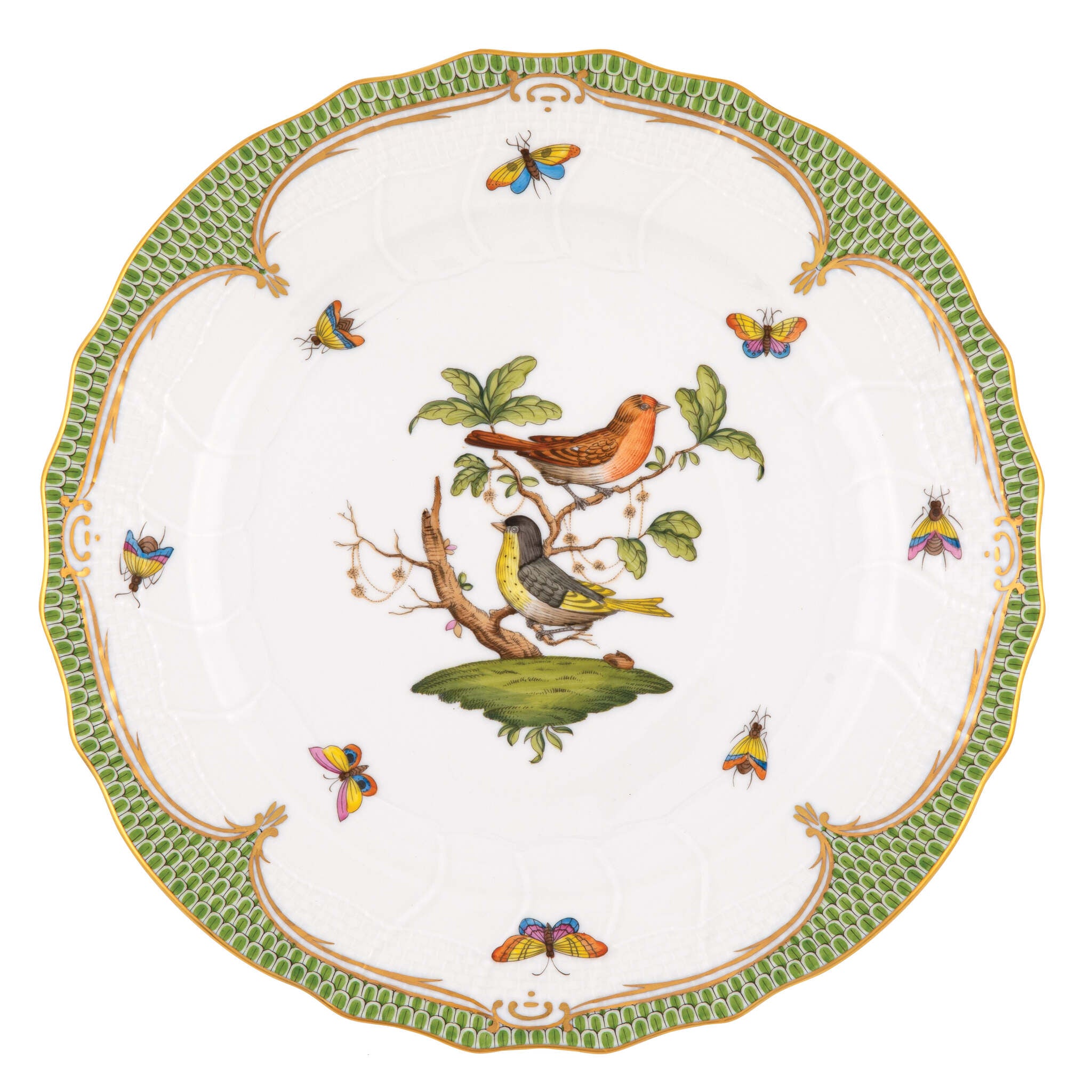 Hand-painted Herend Rothschild Bird Green Border Dinner Plate in fine porcelain, 10.5in D,, Motif 3, on a white background