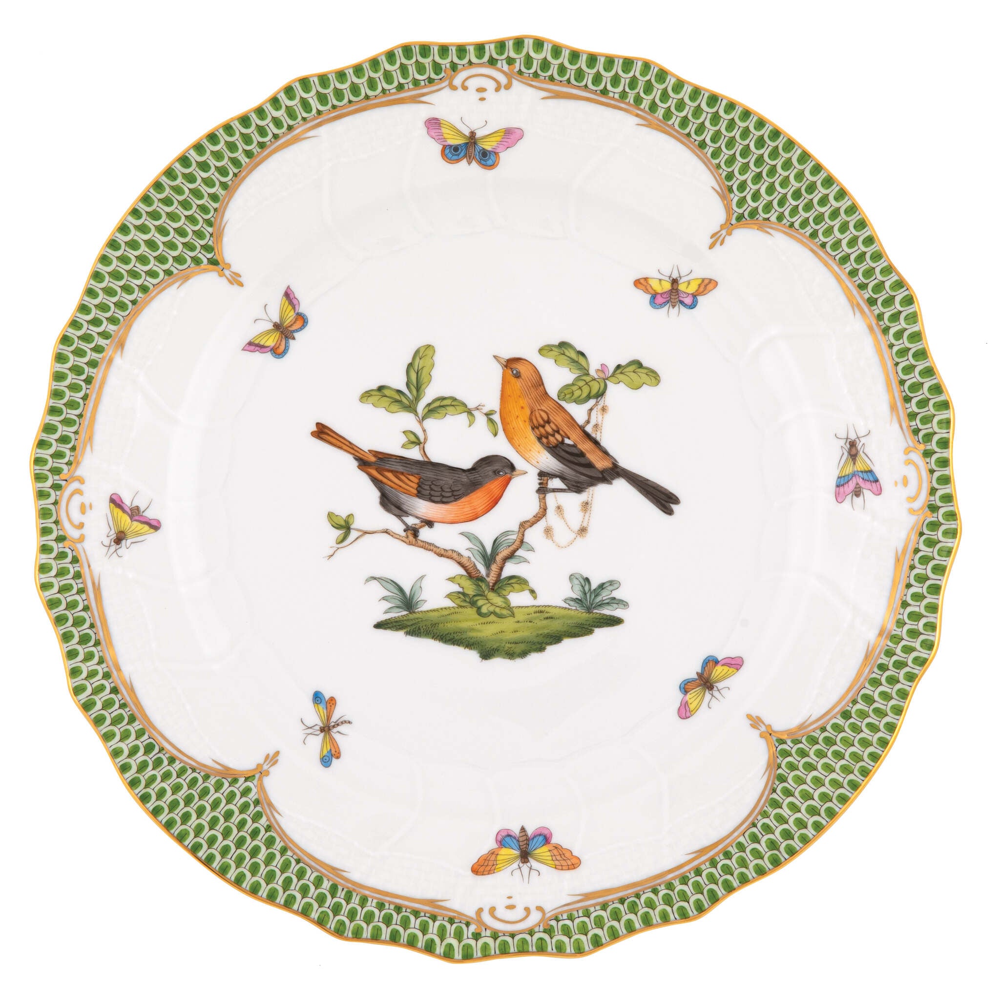 Hand-painted Herend Rothschild Bird Green Border Dinner Plate in fine porcelain, 10.5in D,, Motif 9, on a white background