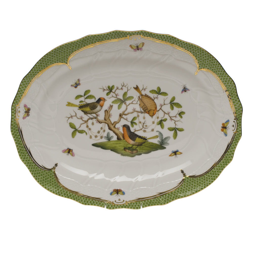 Hand-painted Herend Rothschild Bird Green Border Platter in fine porcelain, 17in L X 12.5in W, on a white background