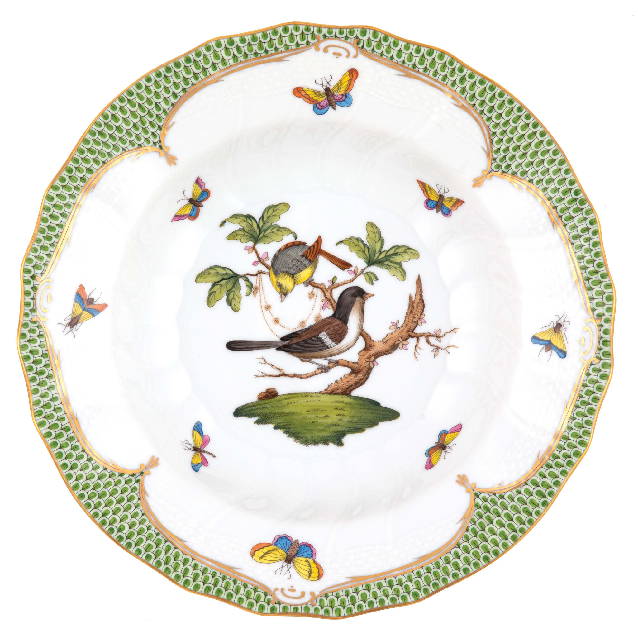 Hand-painted Herend Rothschild Bird Green Border Rim Soup Soup Plates & Rimmed Soup Bowl in fine porcelain, 9.5in D,, Motif 1, on a white background
