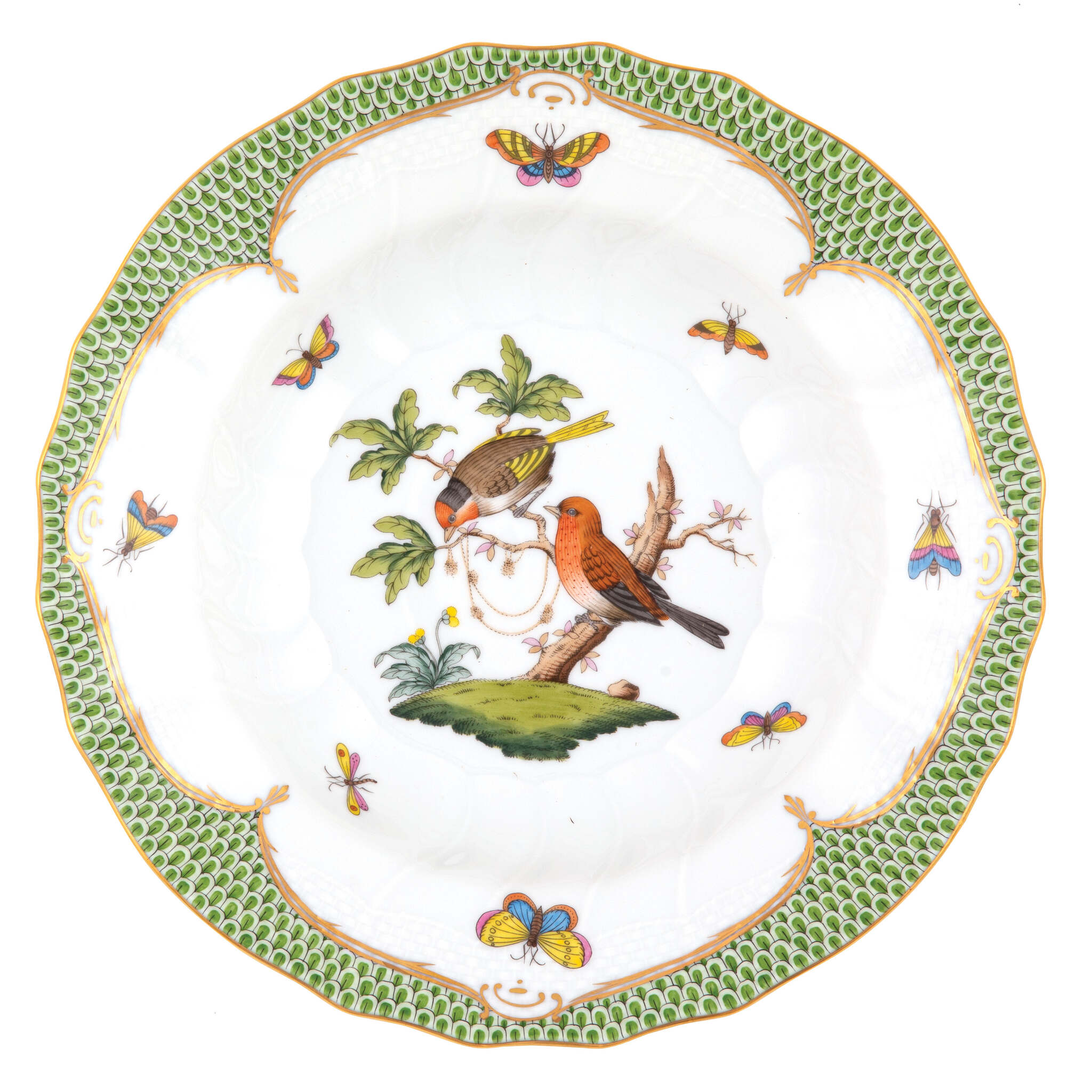 Hand-painted Herend Rothschild Bird Green Border Rim Soup Soup Plates & Rimmed Soup Bowl in fine porcelain, 9.5in D,, Motif 10, on a white background